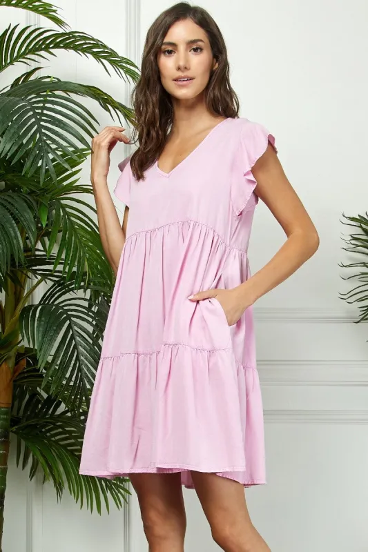 Light Pink Flutter Sleeve Tiered Dress sold by Pinkblush