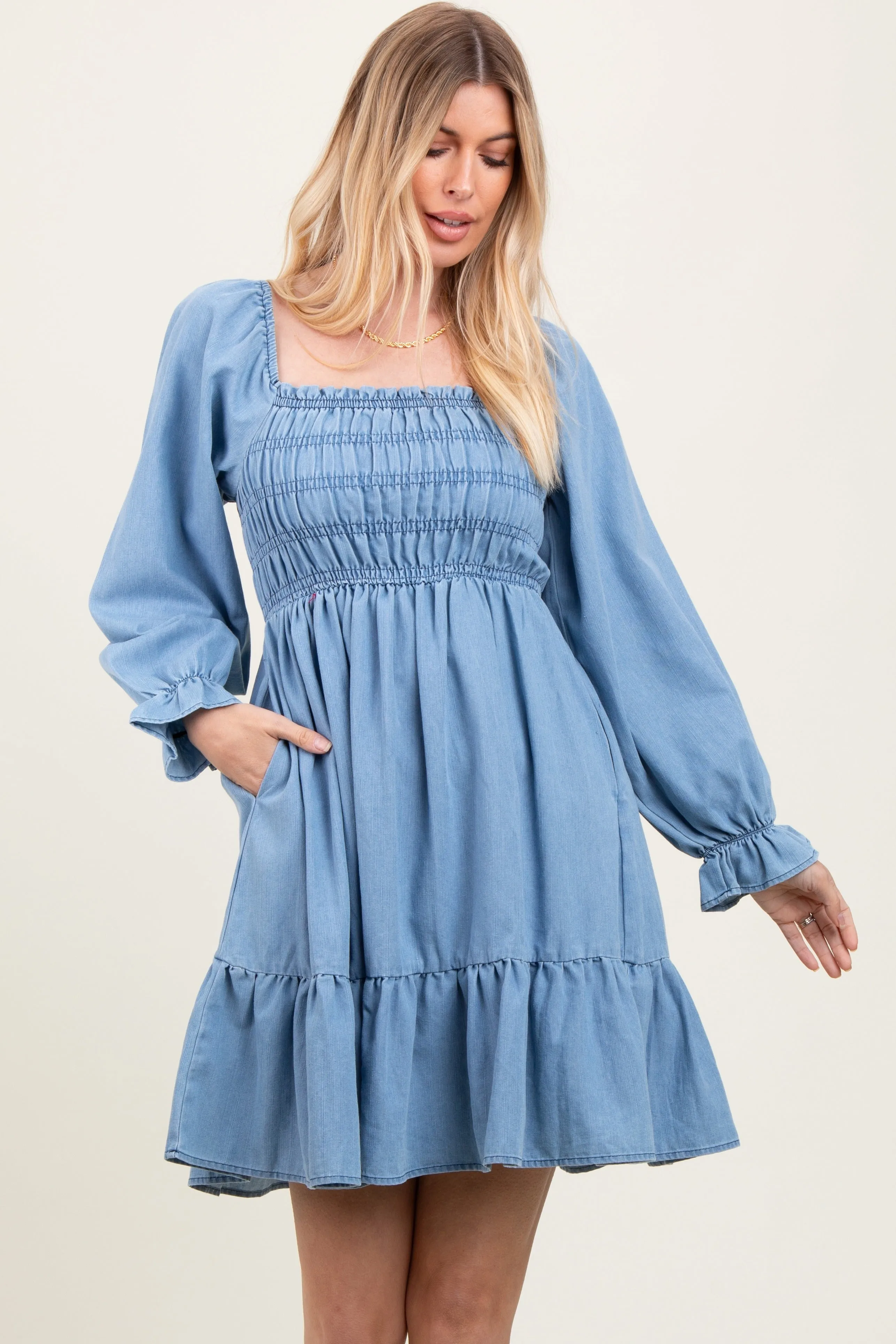 Light Blue Vintage Wash Chambray Smocked Midi Dress sold by Pinkblush product image thumbnail 2