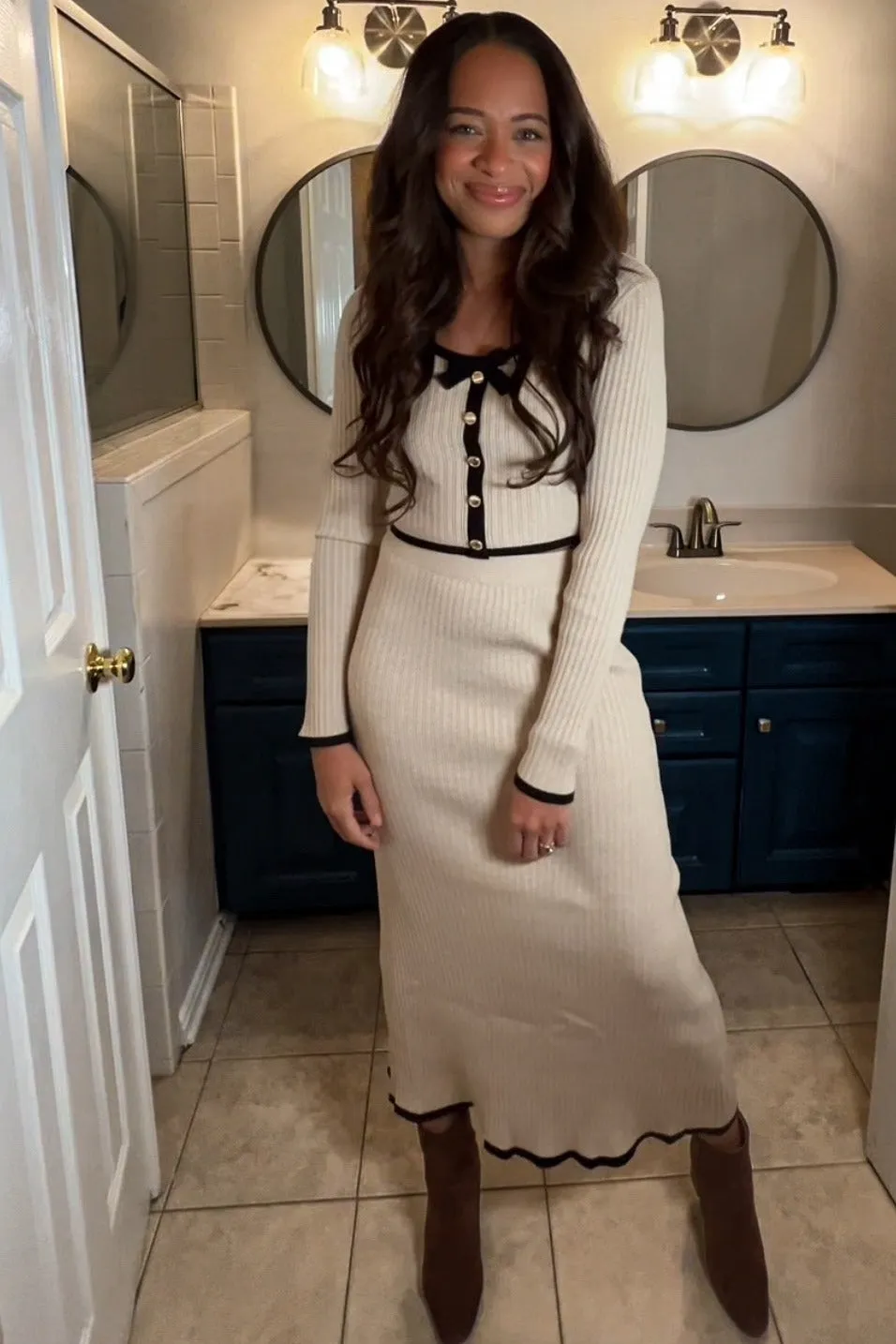 Cream Contrast Bow Ribbed Knit Crop Top And Midi Skirt Set sold by Pinkblush product image thumbnail 5