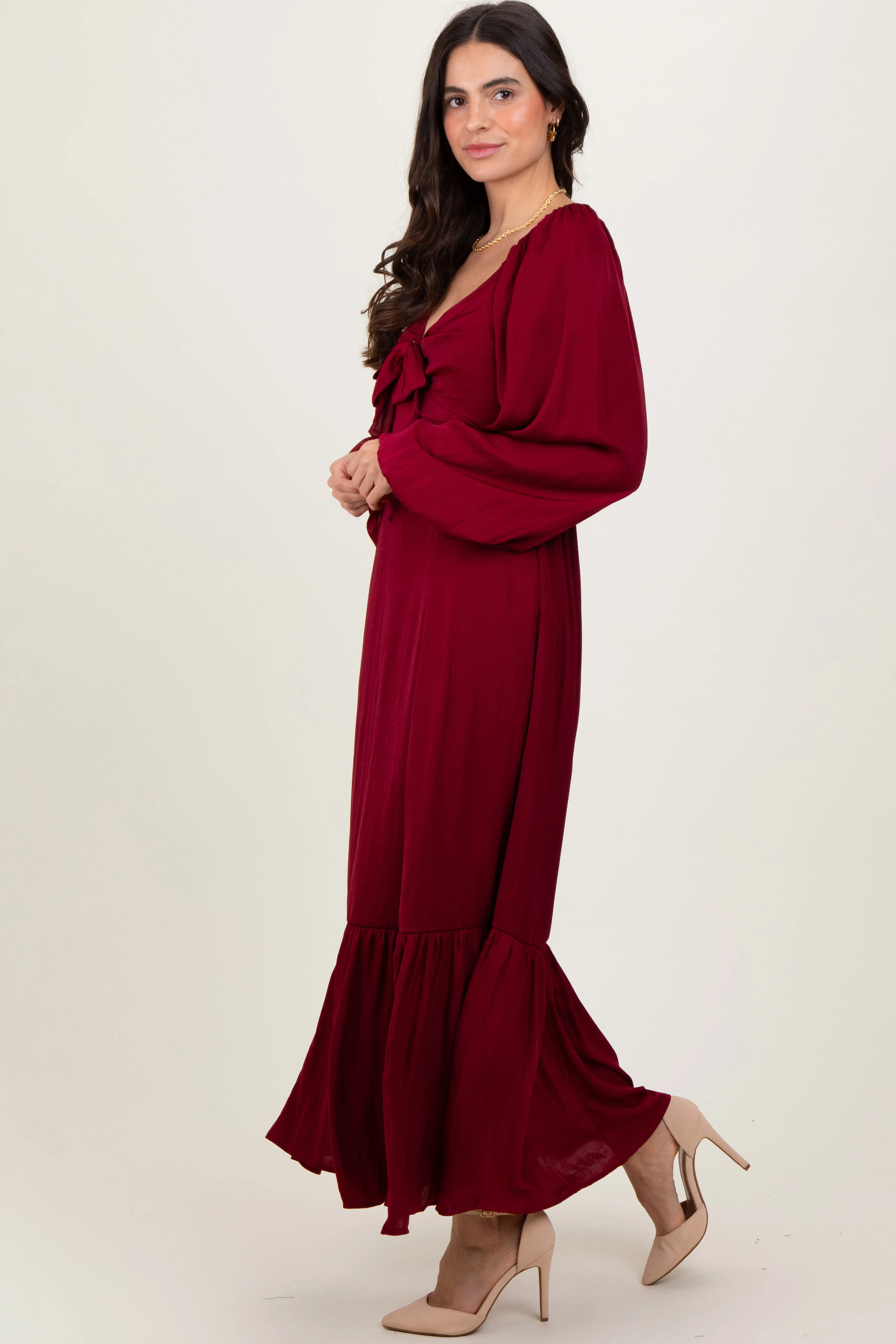 Burgundy Bow Satin Maxi Dress sold by Pinkblush