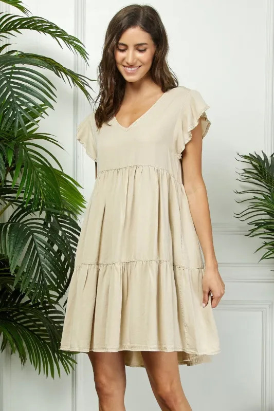 Beige Flutter Sleeve Tiered Dress sold by Pinkblush