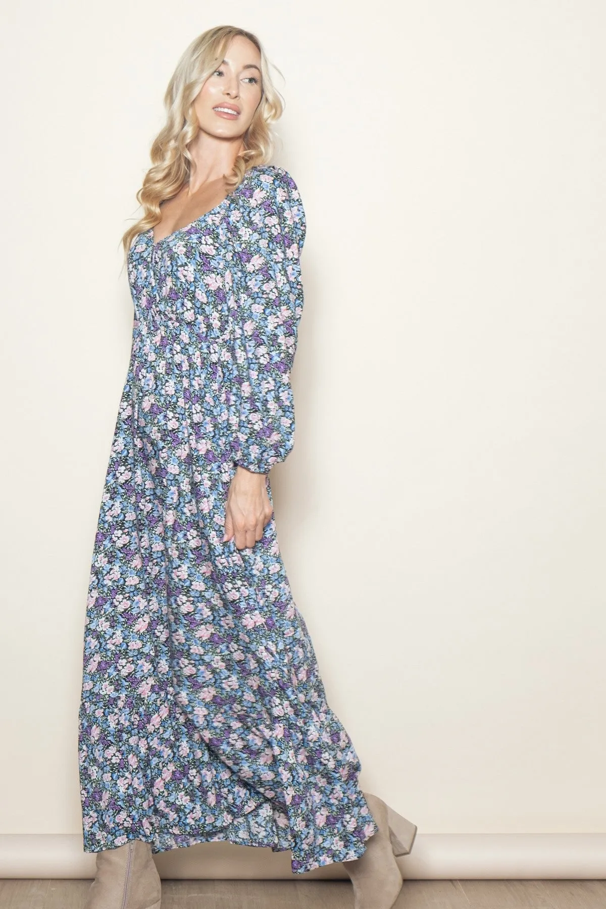 Blue Floral Reversible Long Sleeve Maxi Dress sold by Pinkblush product image thumbnail 2
