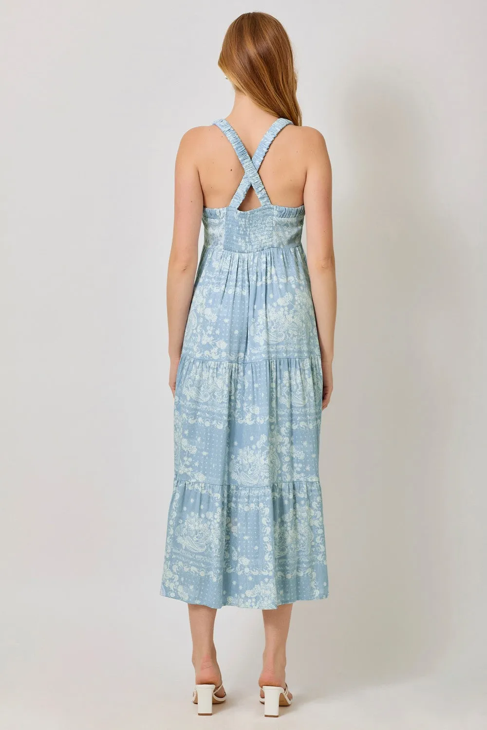 Light Blue Floral Tiered Crisscross Back Midi Dress sold by Pinkblush product image thumbnail 4