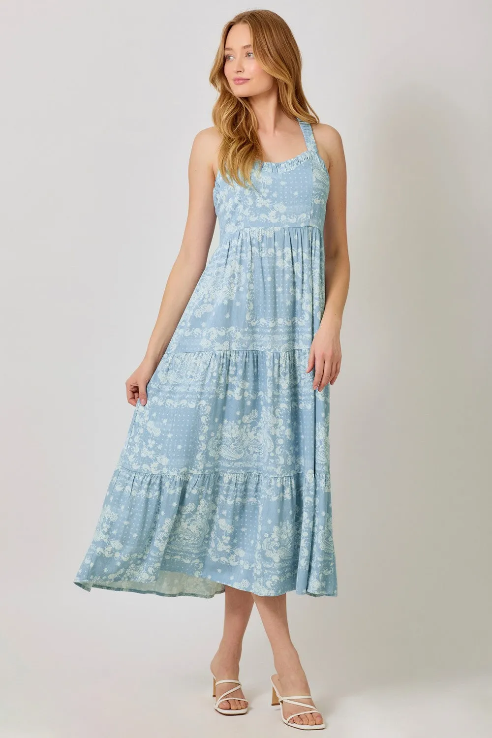 Light Blue Floral Tiered Crisscross Back Midi Dress sold by Pinkblush product image thumbnail 2