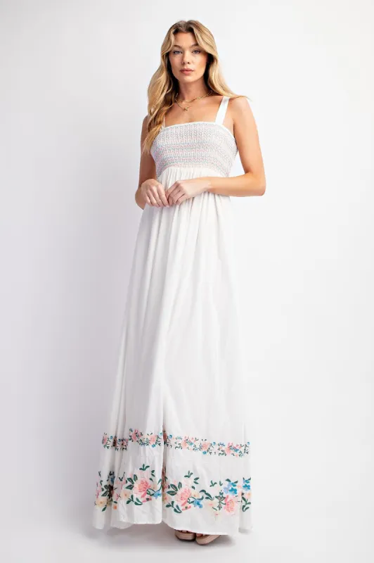 White Smocked Embroidered Floral Border Maxi Dress sold by Pinkblush