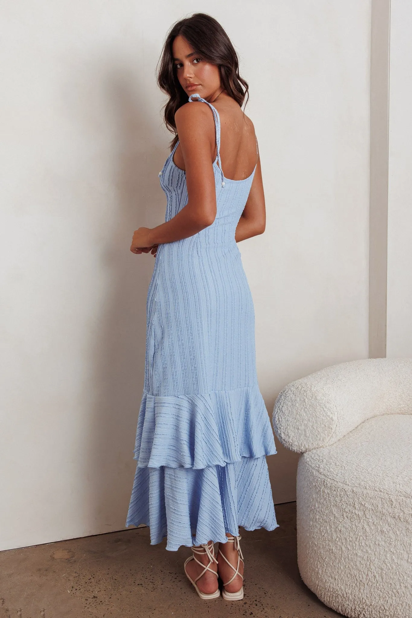 Blue Textured Shoulder Tie Layered Hem Maxi Dress sold by Pinkblush product image thumbnail 2