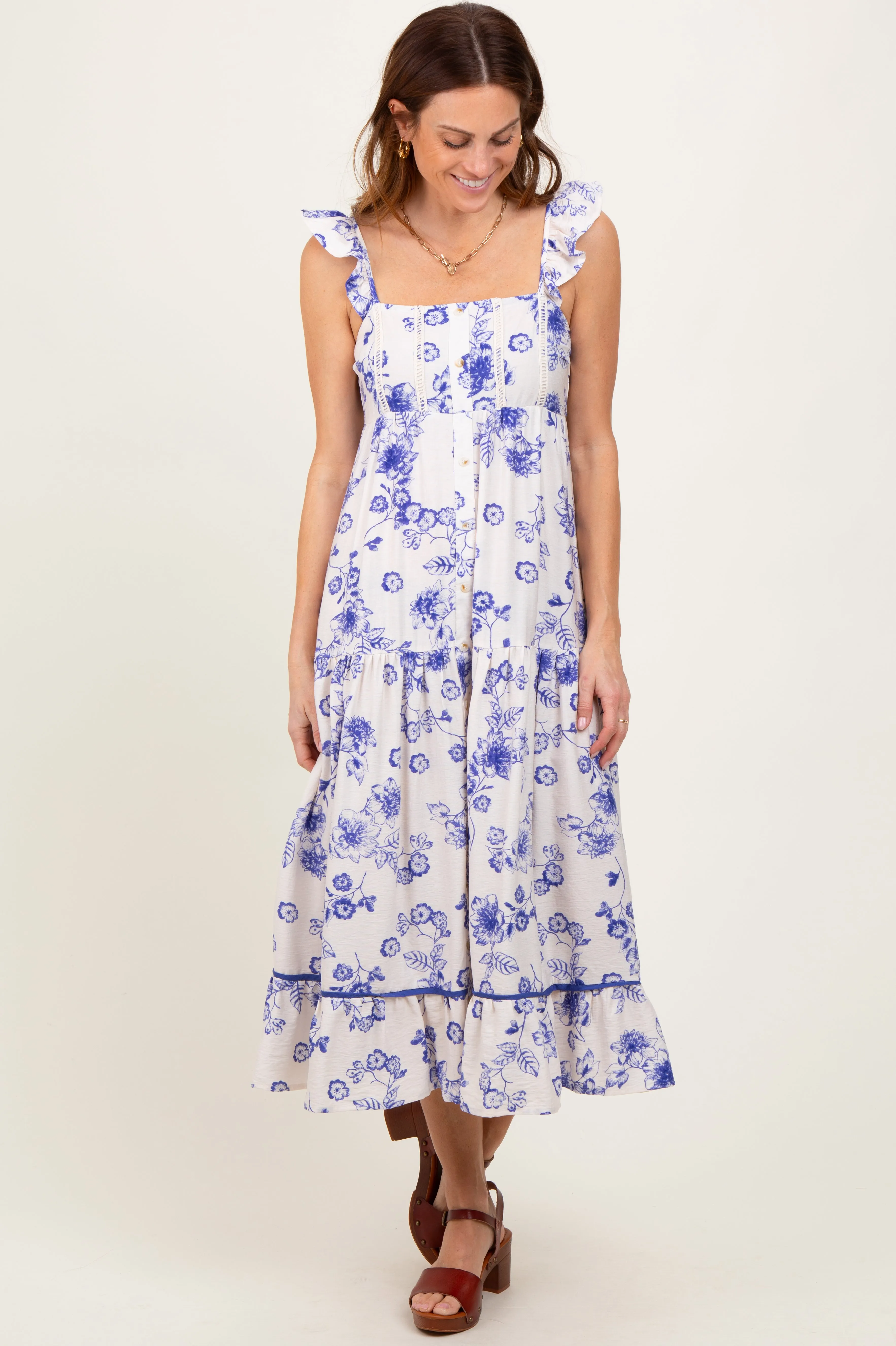 Navy Floral Ruffle Strap Tiered Midi Dress sold by Pinkblush product image thumbnail 2