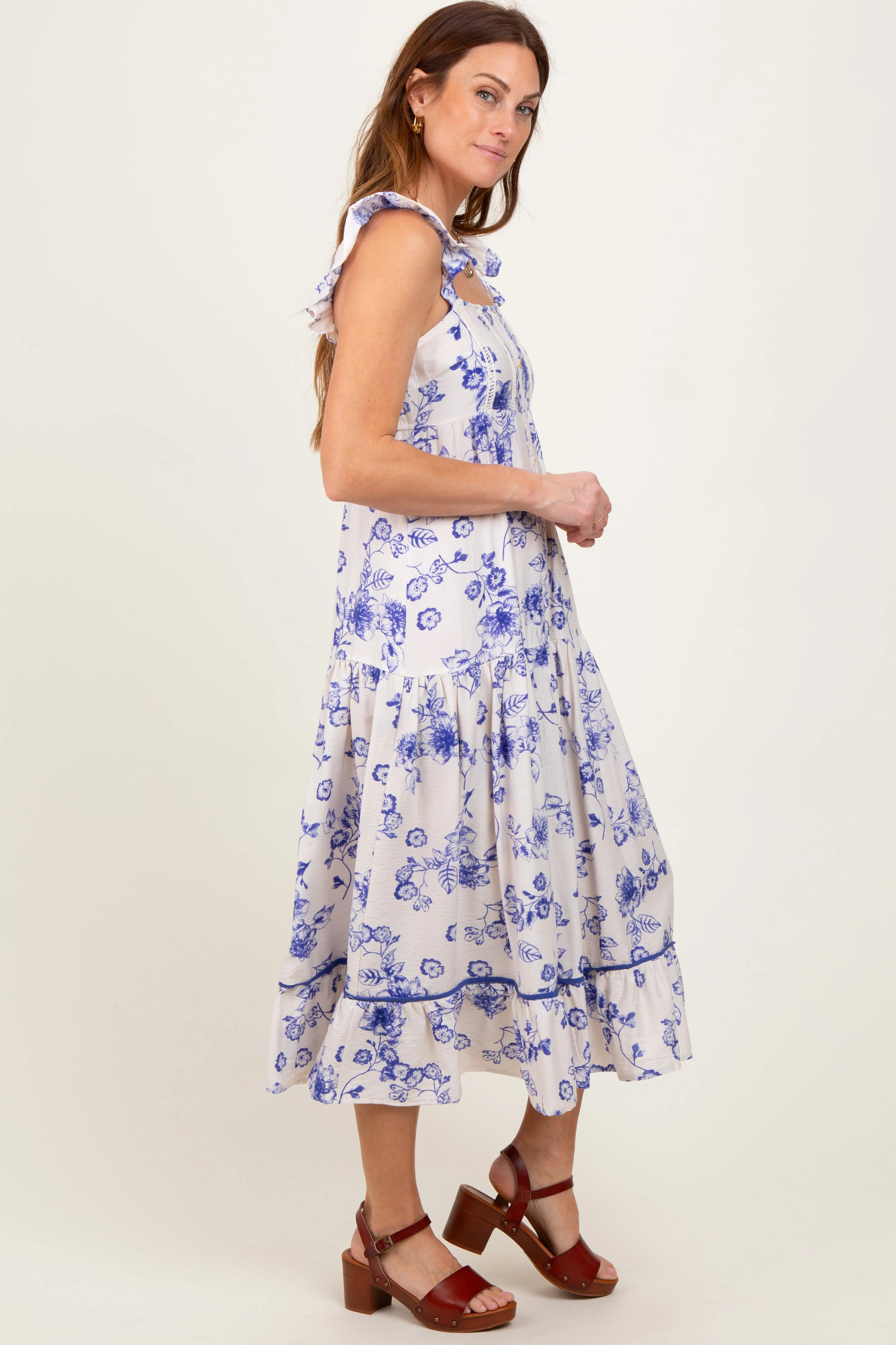 Navy Floral Ruffle Strap Tiered Midi Dress sold by Pinkblush product image thumbnail 3