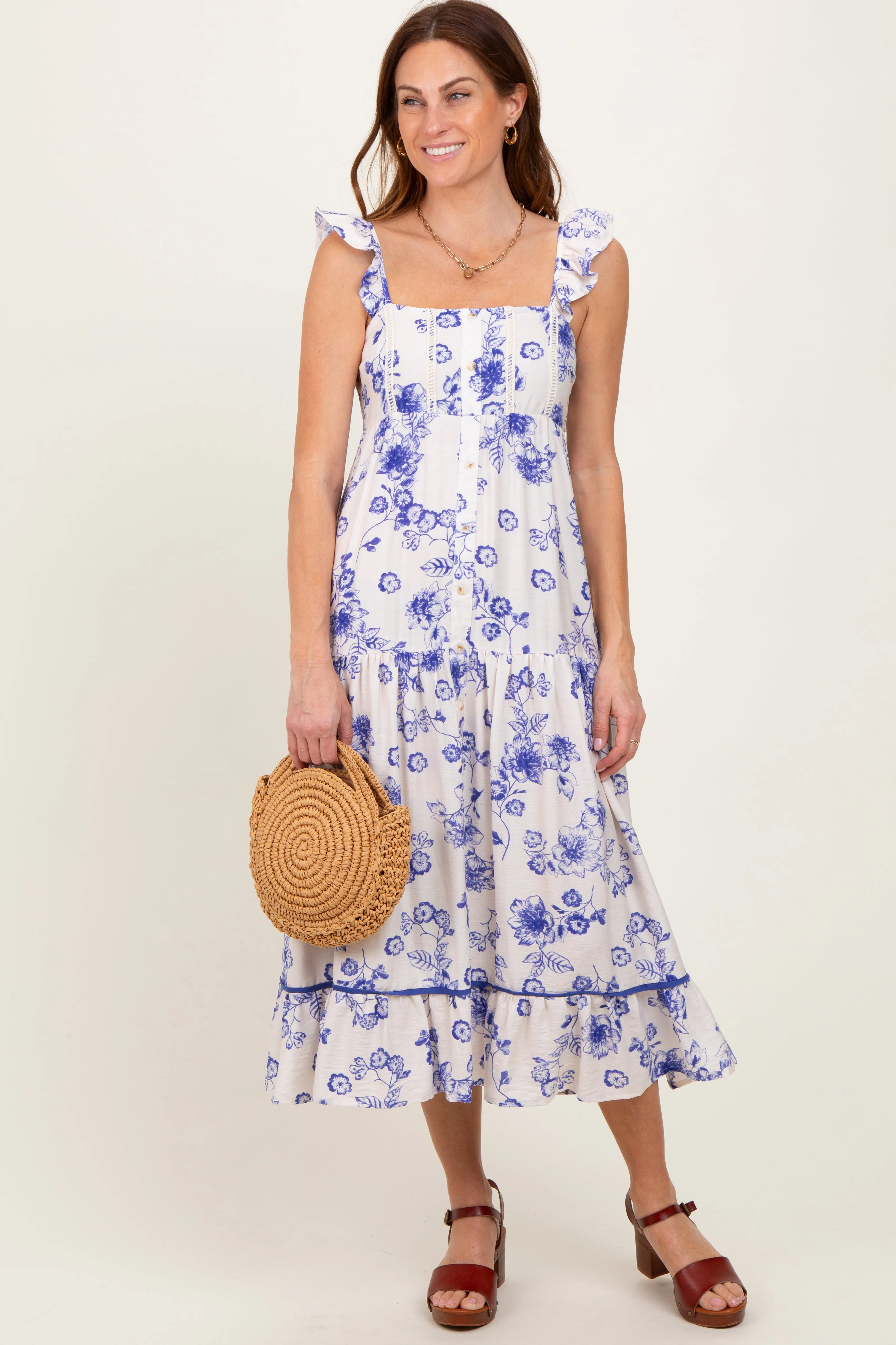 Navy Floral Ruffle Strap Tiered Midi Dress sold by Pinkblush