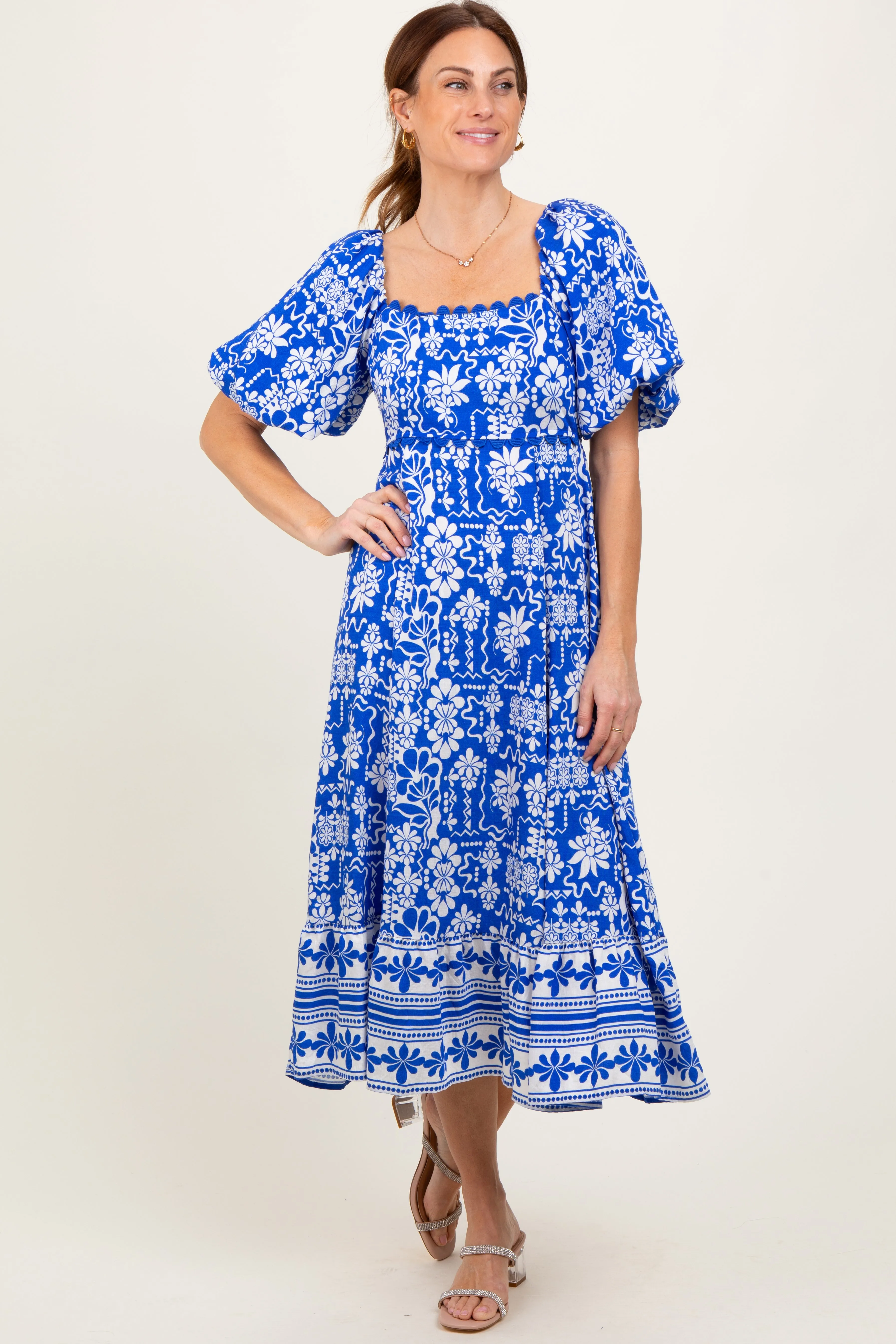 Blue Floral Scallop Trim Midi Dress sold by Pinkblush product image thumbnail 2