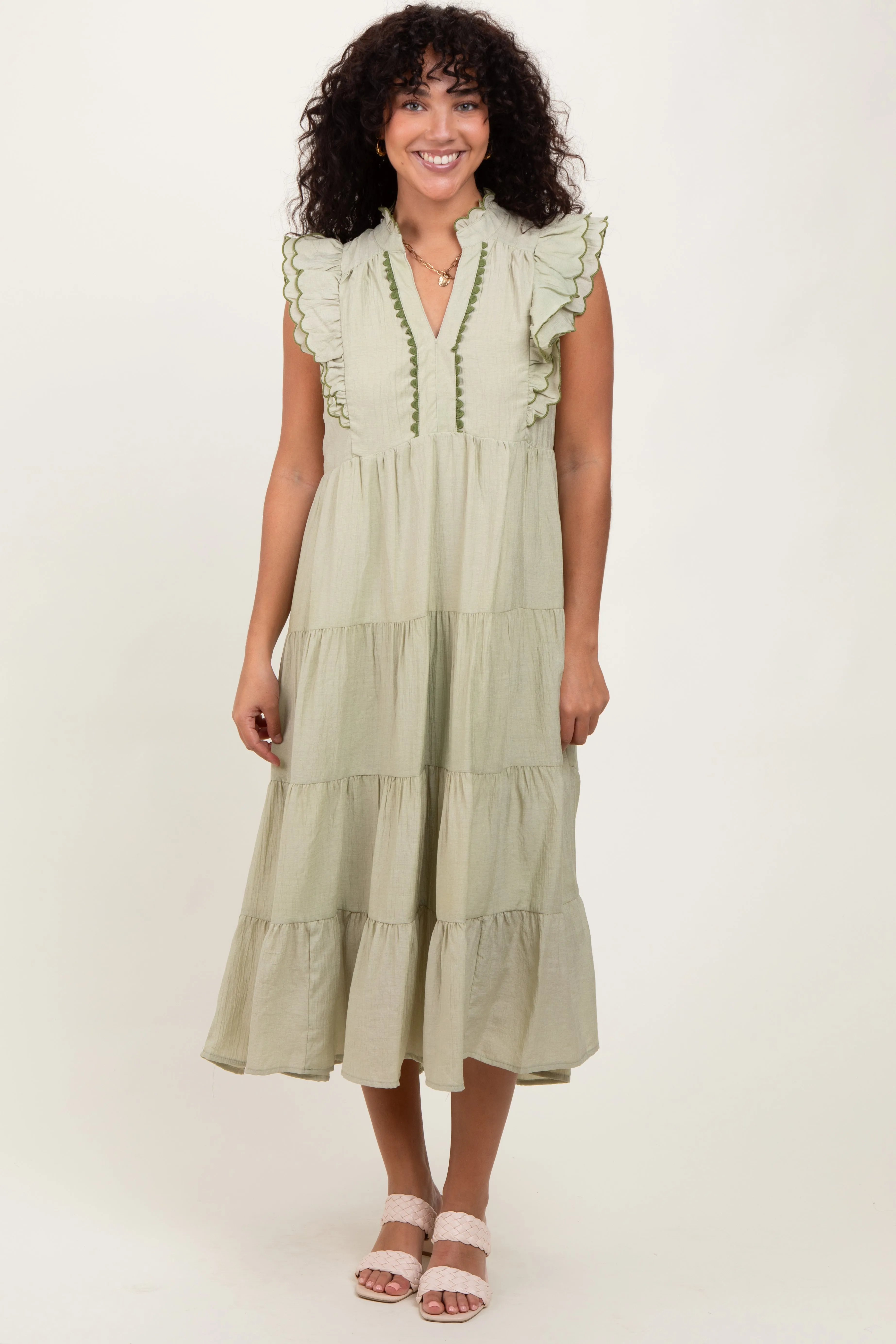 Light Olive Scallop Detail Tiered Midi Dress sold by Pinkblush