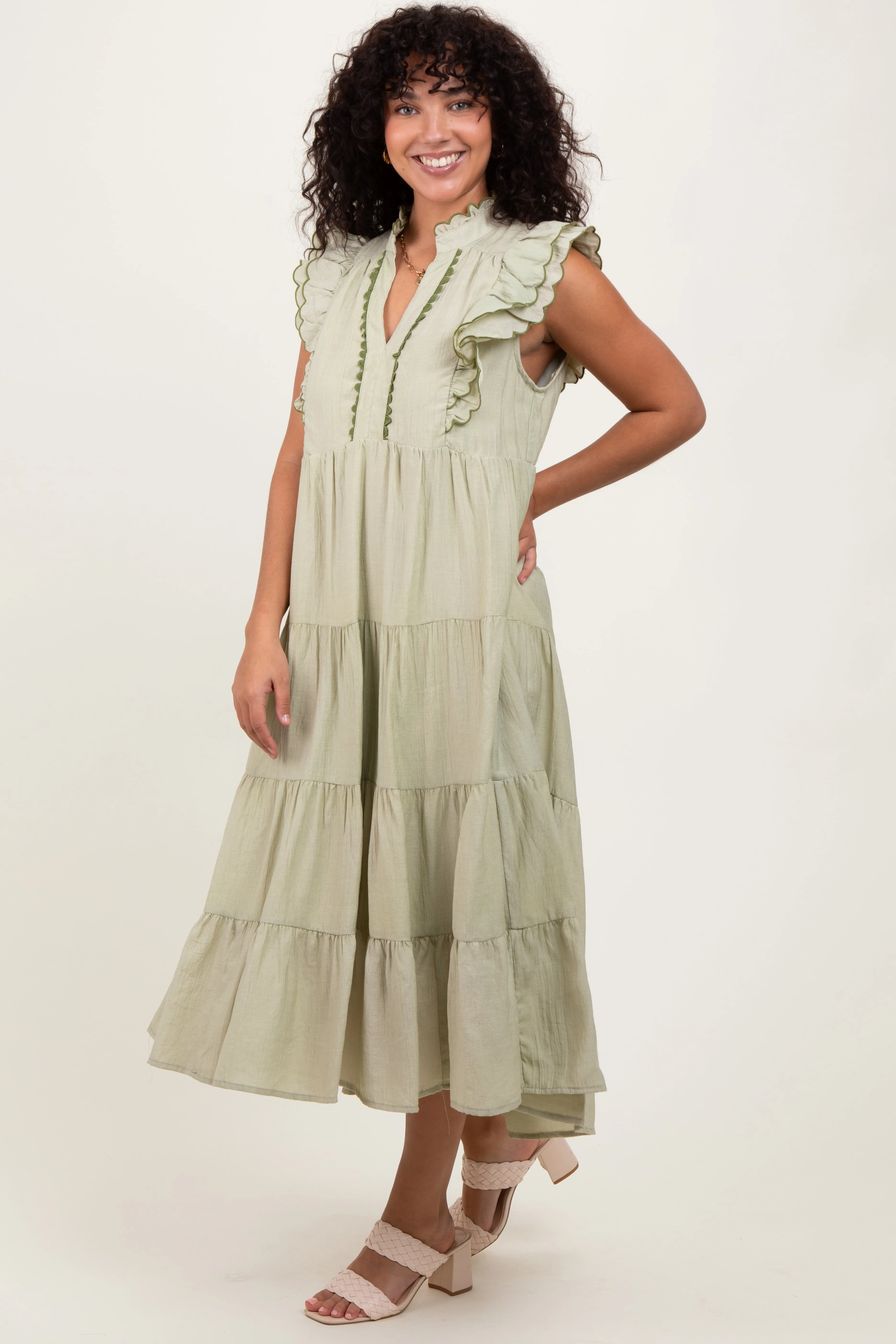 Light Olive Scallop Detail Tiered Midi Dress sold by Pinkblush product image thumbnail 3