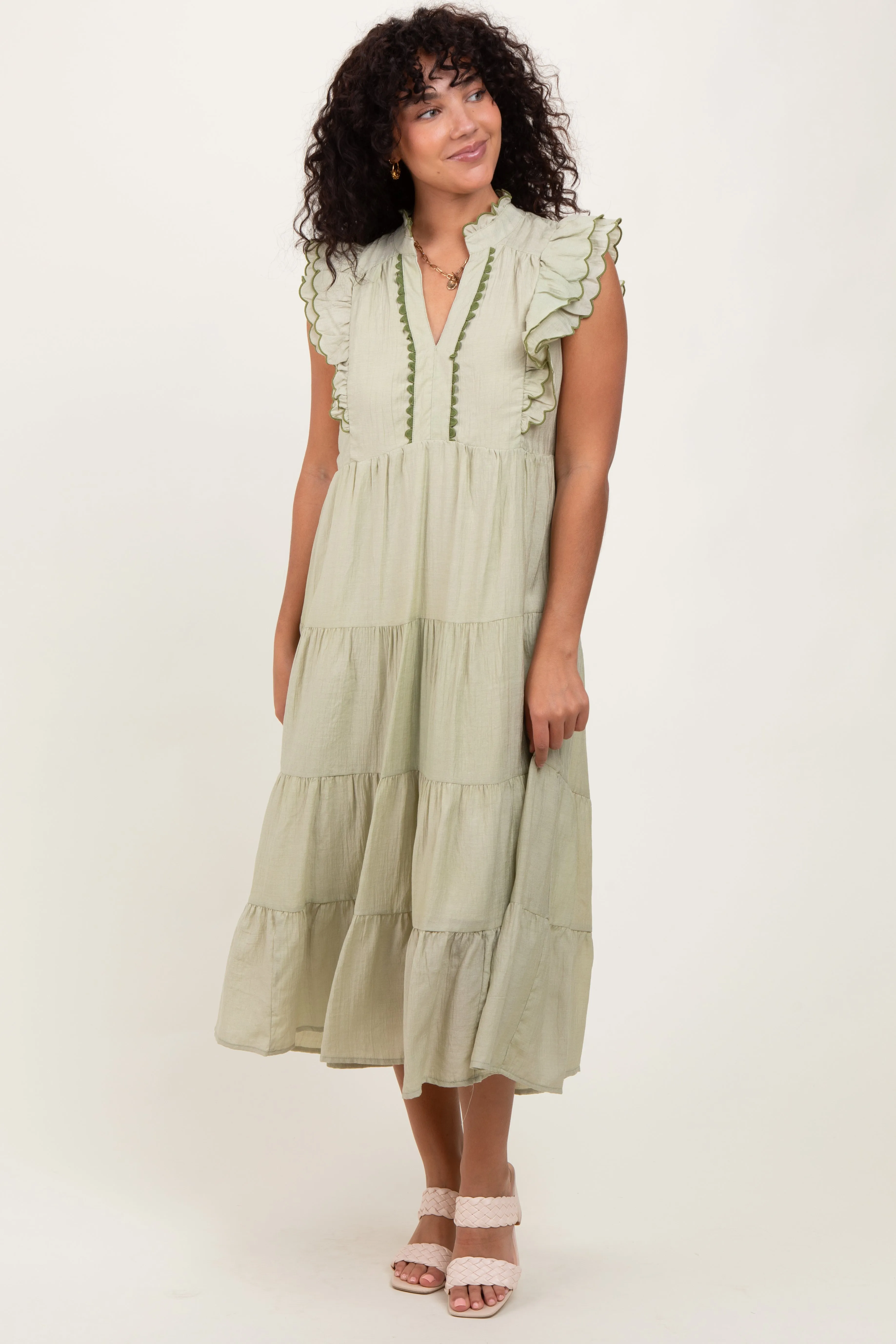 Light Olive Scallop Detail Tiered Midi Dress sold by Pinkblush product image thumbnail 2