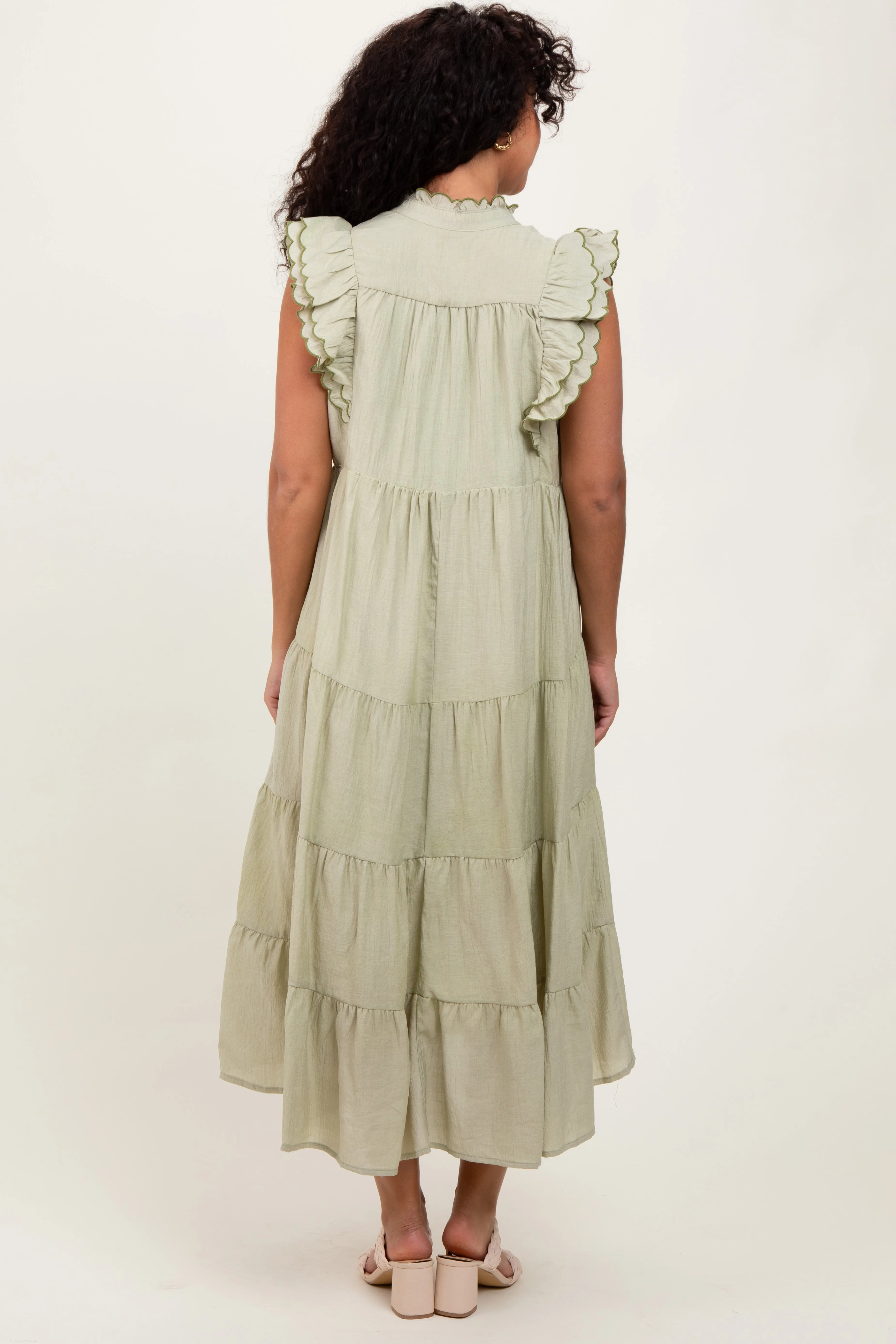 Light Olive Scallop Detail Tiered Midi Dress sold by Pinkblush product image thumbnail 4