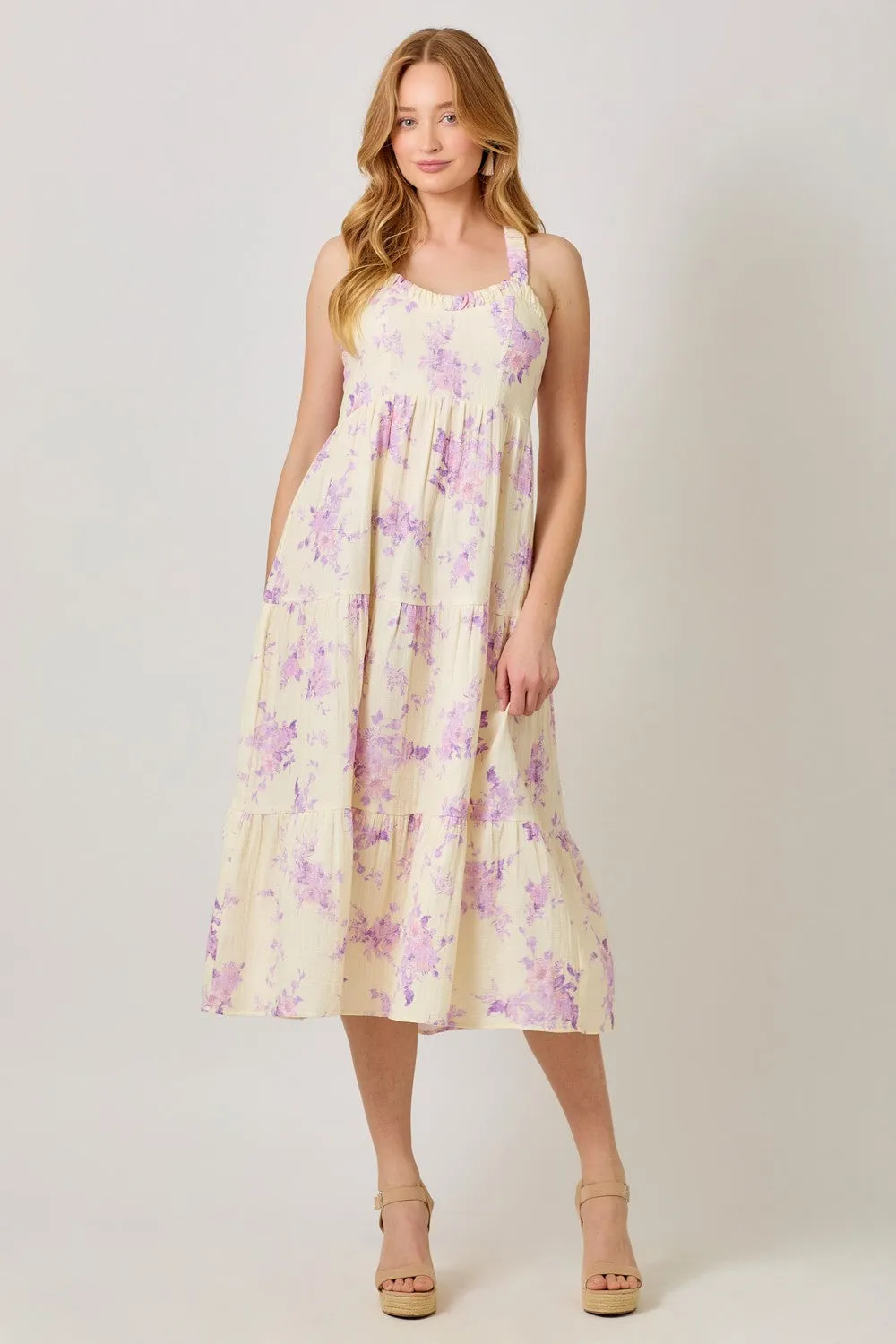 Cream Floral Tiered Crisscross Back Midi Dress sold by Pinkblush