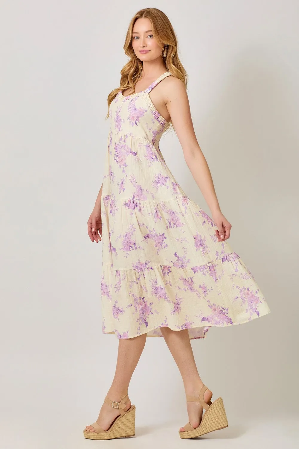 Cream Floral Tiered Crisscross Back Midi Dress sold by Pinkblush product image thumbnail 2