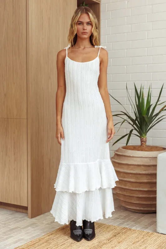 White Textured Shoulder Tie Layered Hem Maxi Dress sold by Pinkblush