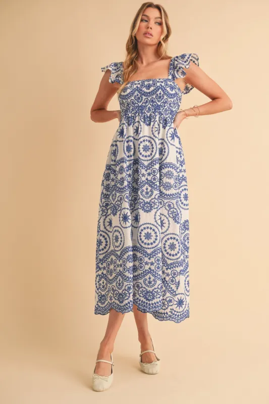 Light Navy Embroidered Smocked Cutout Midi Dress sold by Pinkblush