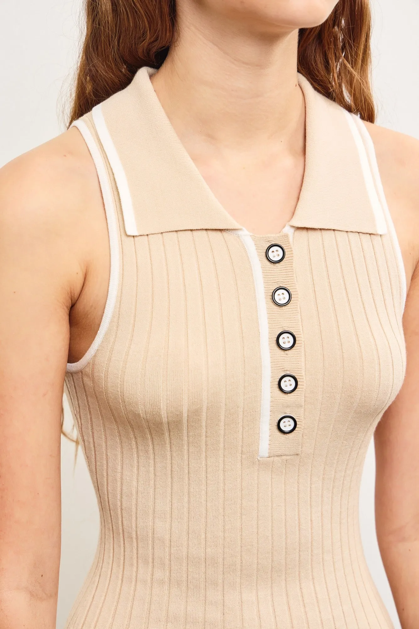 Beige Knit Colorblock Stripe Sleeveless Polo Dress sold by Pinkblush product image thumbnail 5