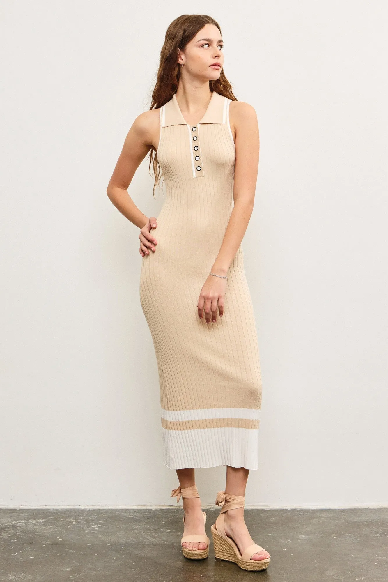 Beige Knit Colorblock Stripe Sleeveless Polo Dress sold by Pinkblush product image thumbnail 2