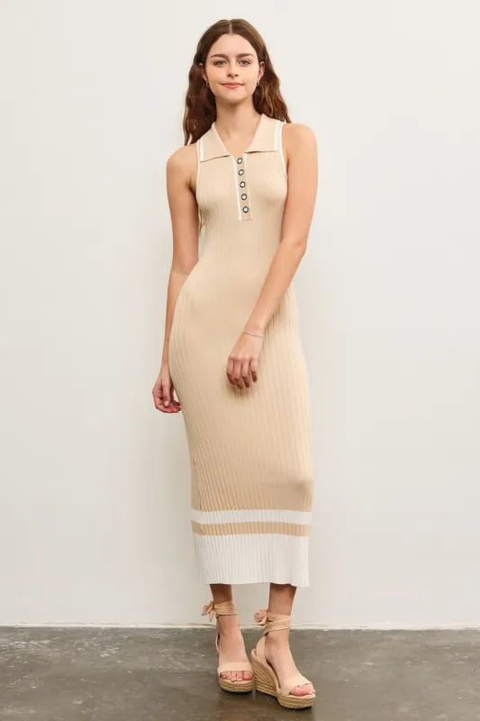 Beige Knit Colorblock Stripe Sleeveless Polo Dress sold by Pinkblush