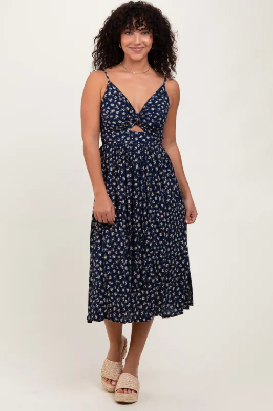 Navy Floral Twist Front Cut Out Midi Dress sold by Pinkblush