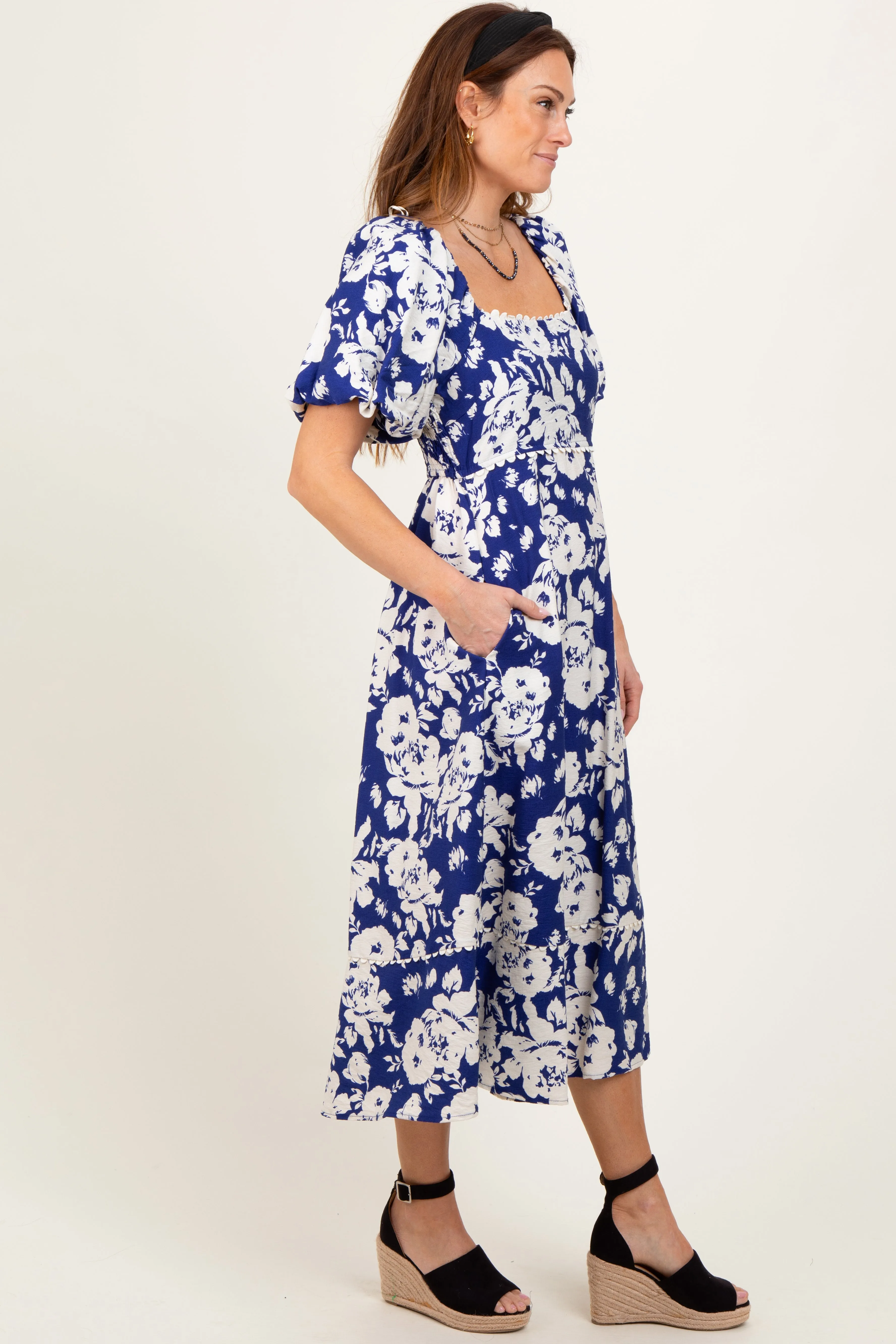 Navy Floral Scallop Trim Puff Sleeve Midi Dress sold by Pinkblush product image thumbnail 3