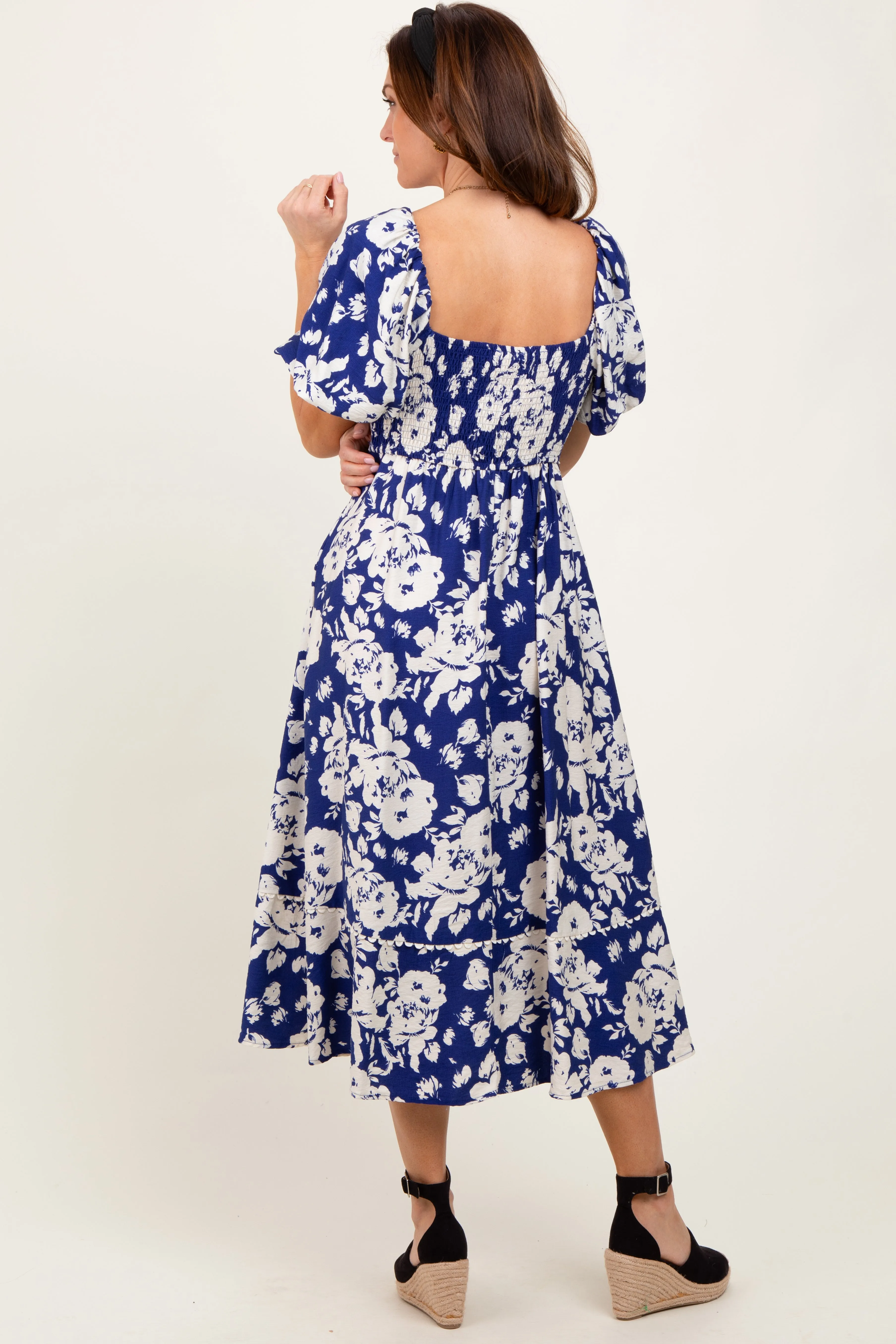 Navy Floral Scallop Trim Puff Sleeve Midi Dress sold by Pinkblush product image thumbnail 4