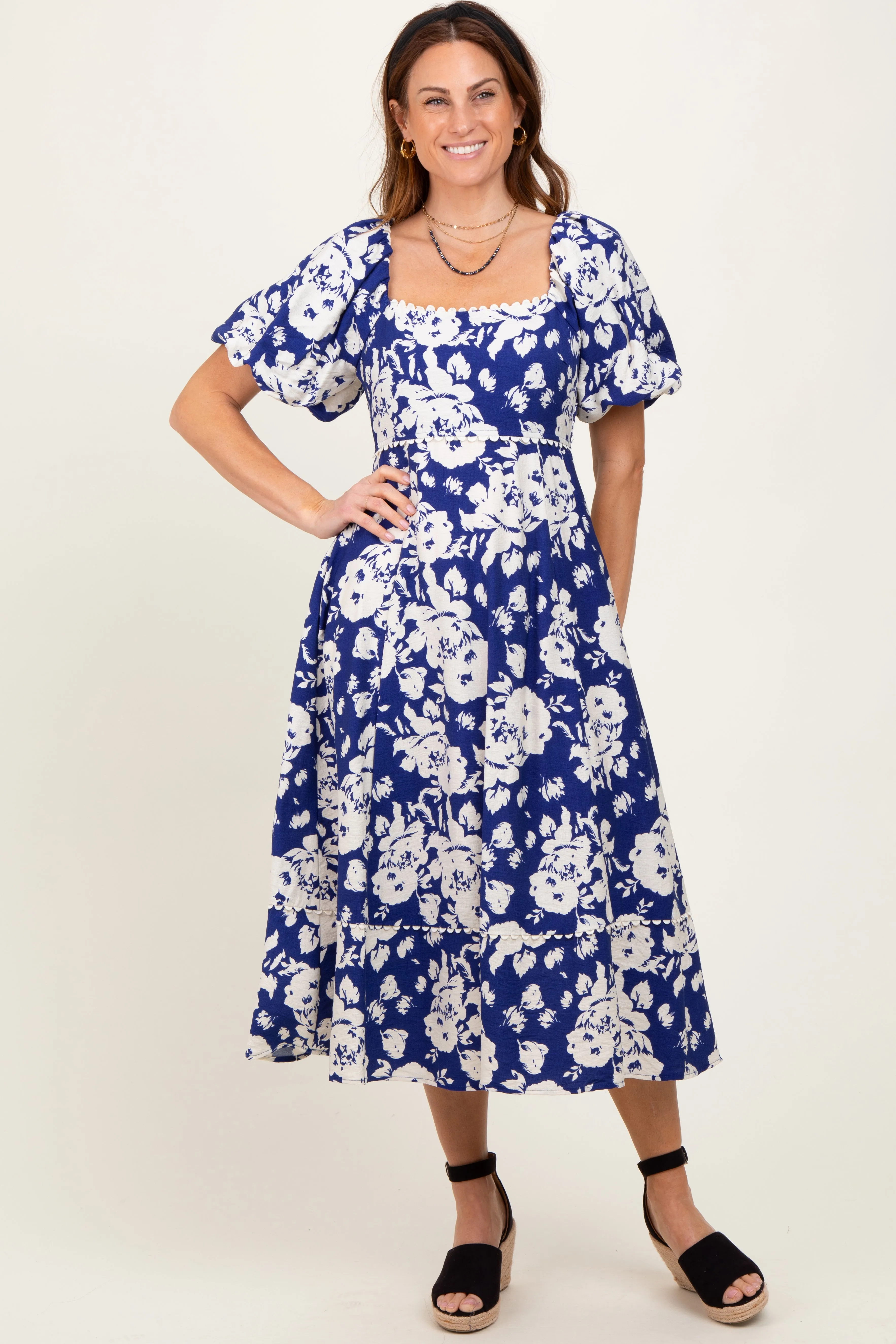 Navy Floral Scallop Trim Puff Sleeve Midi Dress sold by Pinkblush product image thumbnail 2