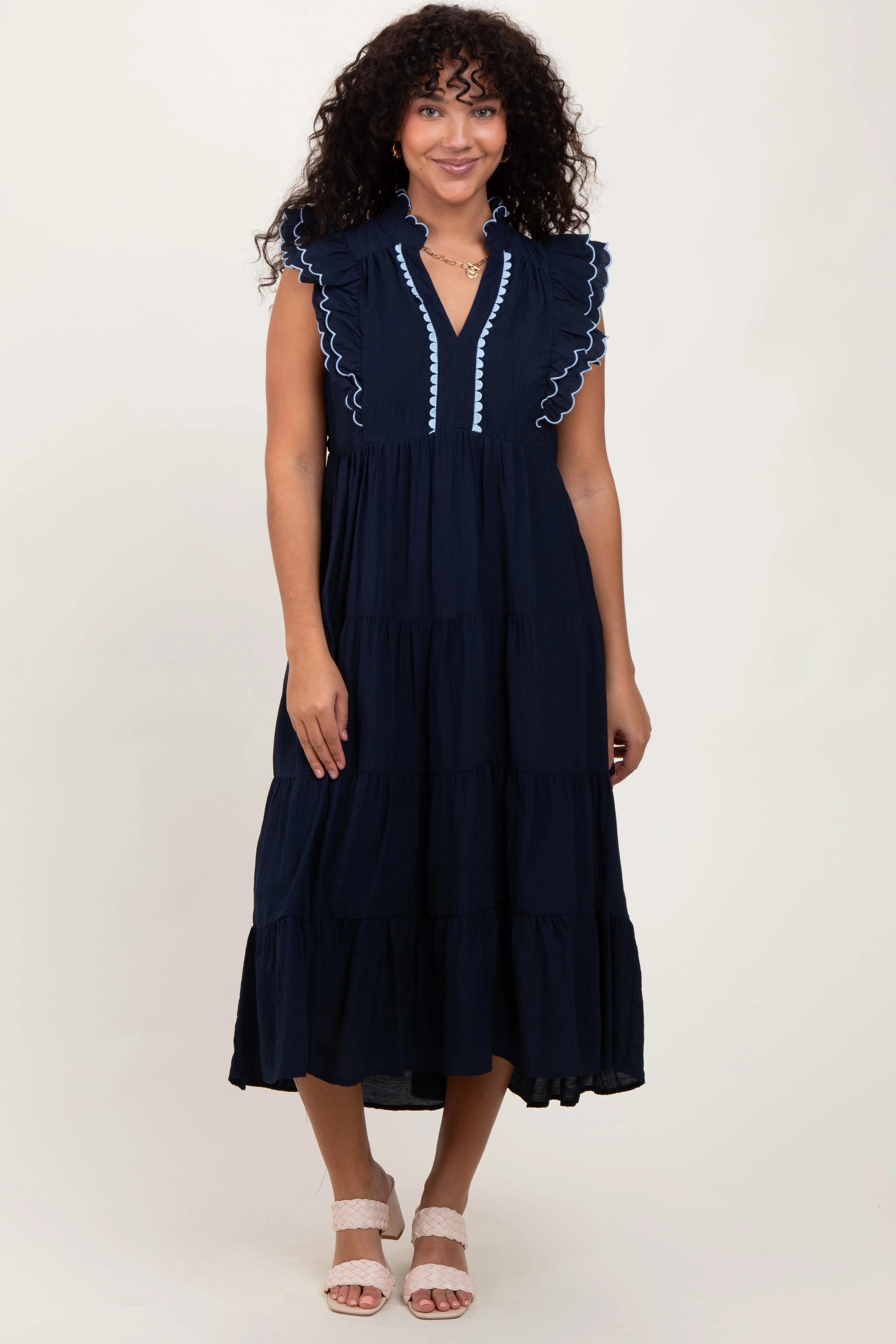 Navy Scallop Detail Tiered Midi Dress sold by Pinkblush product image thumbnail 2