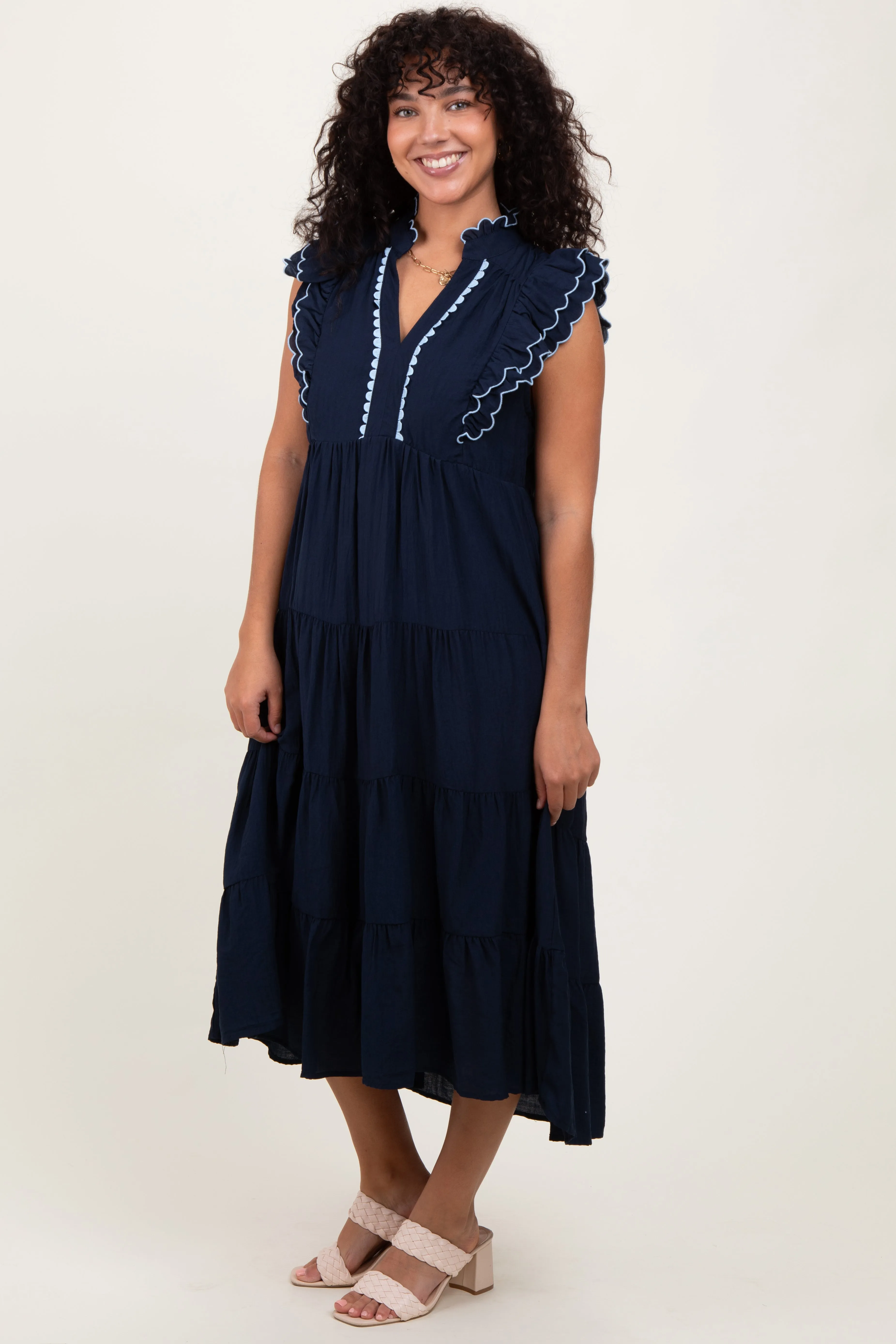 Navy Scallop Detail Tiered Midi Dress sold by Pinkblush product image thumbnail 3