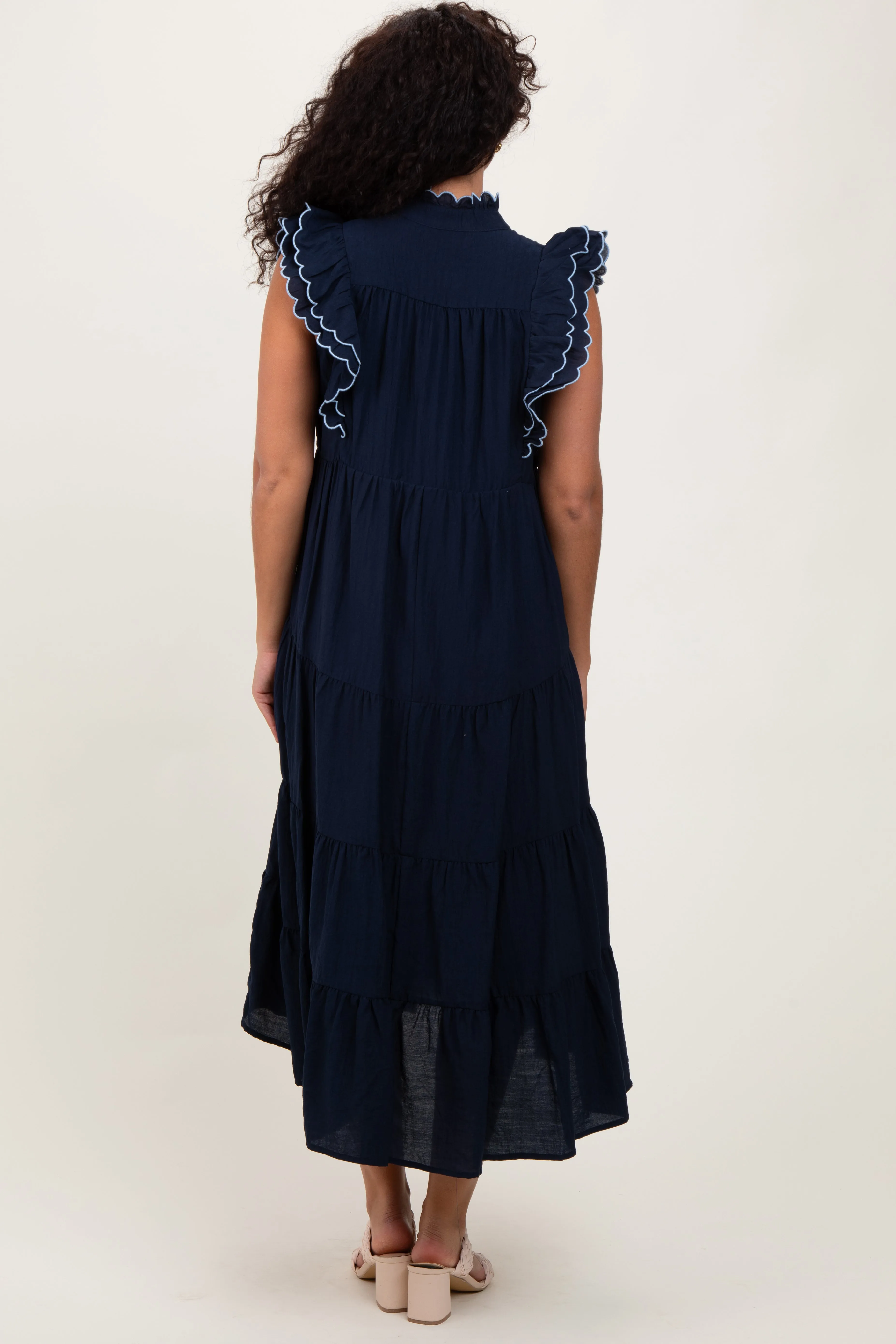 Navy Scallop Detail Tiered Midi Dress sold by Pinkblush product image thumbnail 4