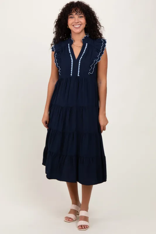 Navy Scallop Detail Tiered Midi Dress sold by Pinkblush