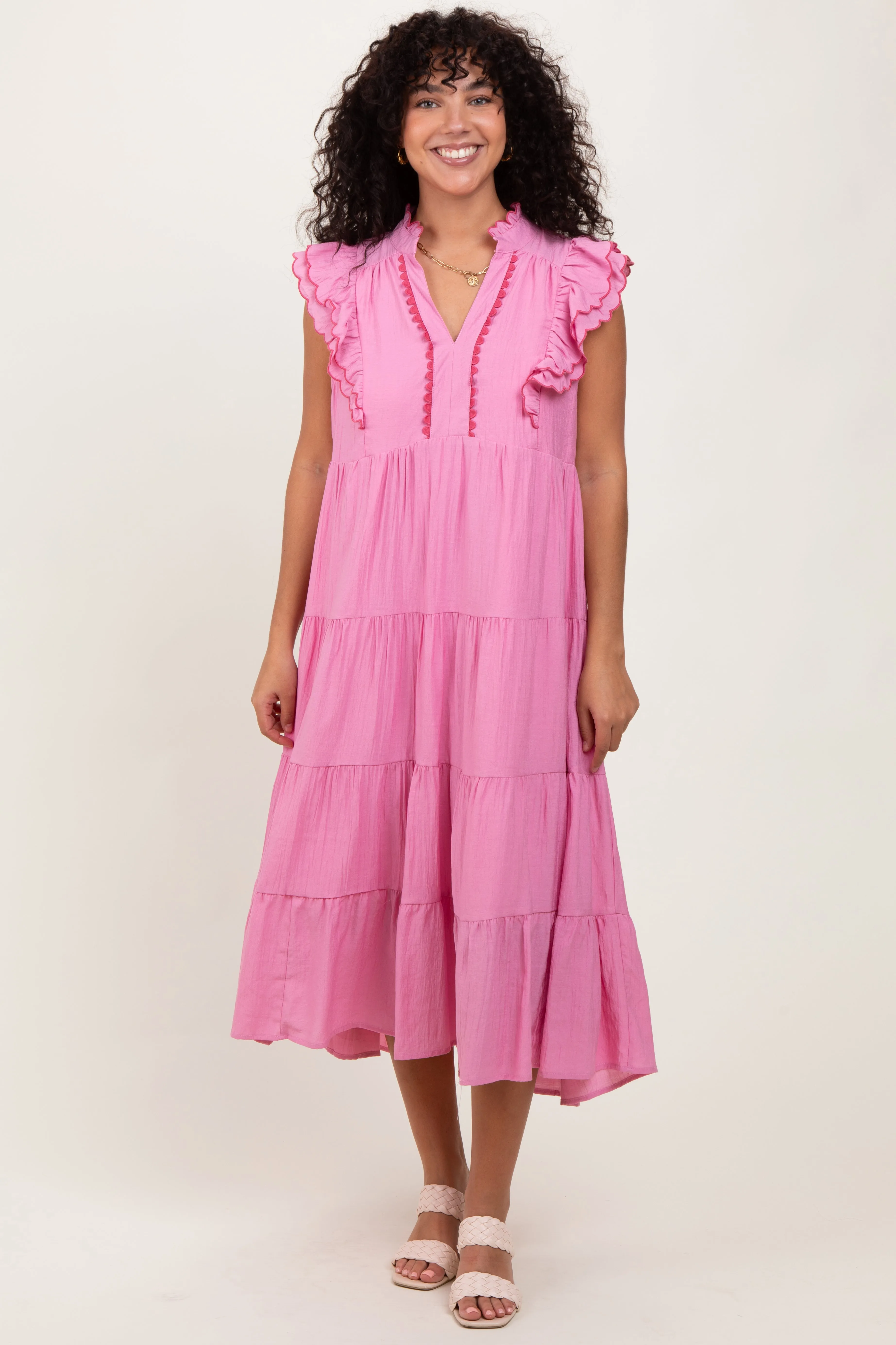 Pink Scallop Detail Tiered Midi Dress sold by Pinkblush