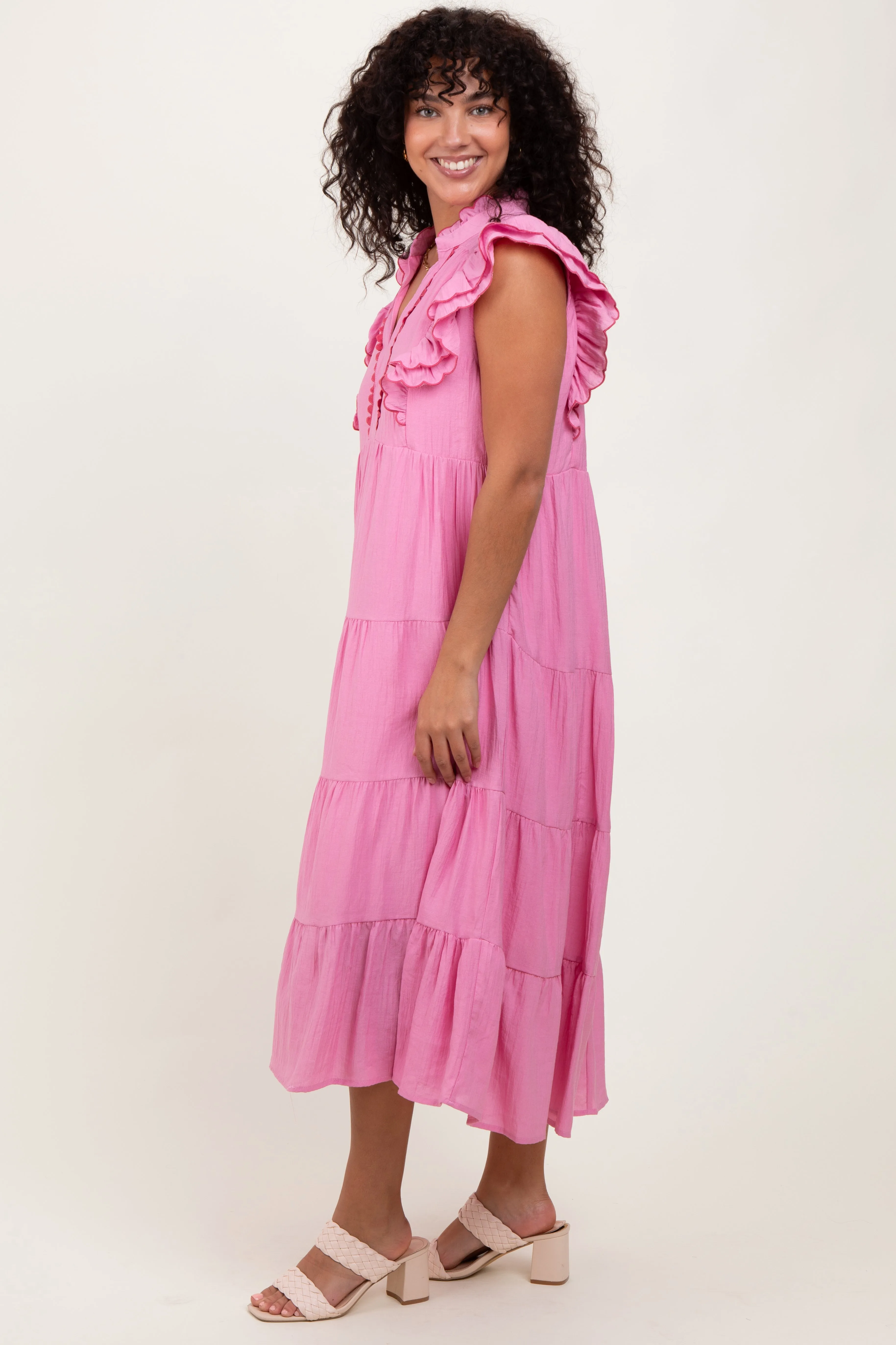 Pink Scallop Detail Tiered Midi Dress sold by Pinkblush product image thumbnail 3