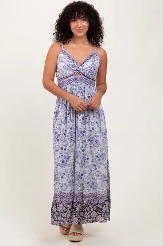 Blue Floral Front Cutout Side Slit Maxi Dress sold by Pinkblush