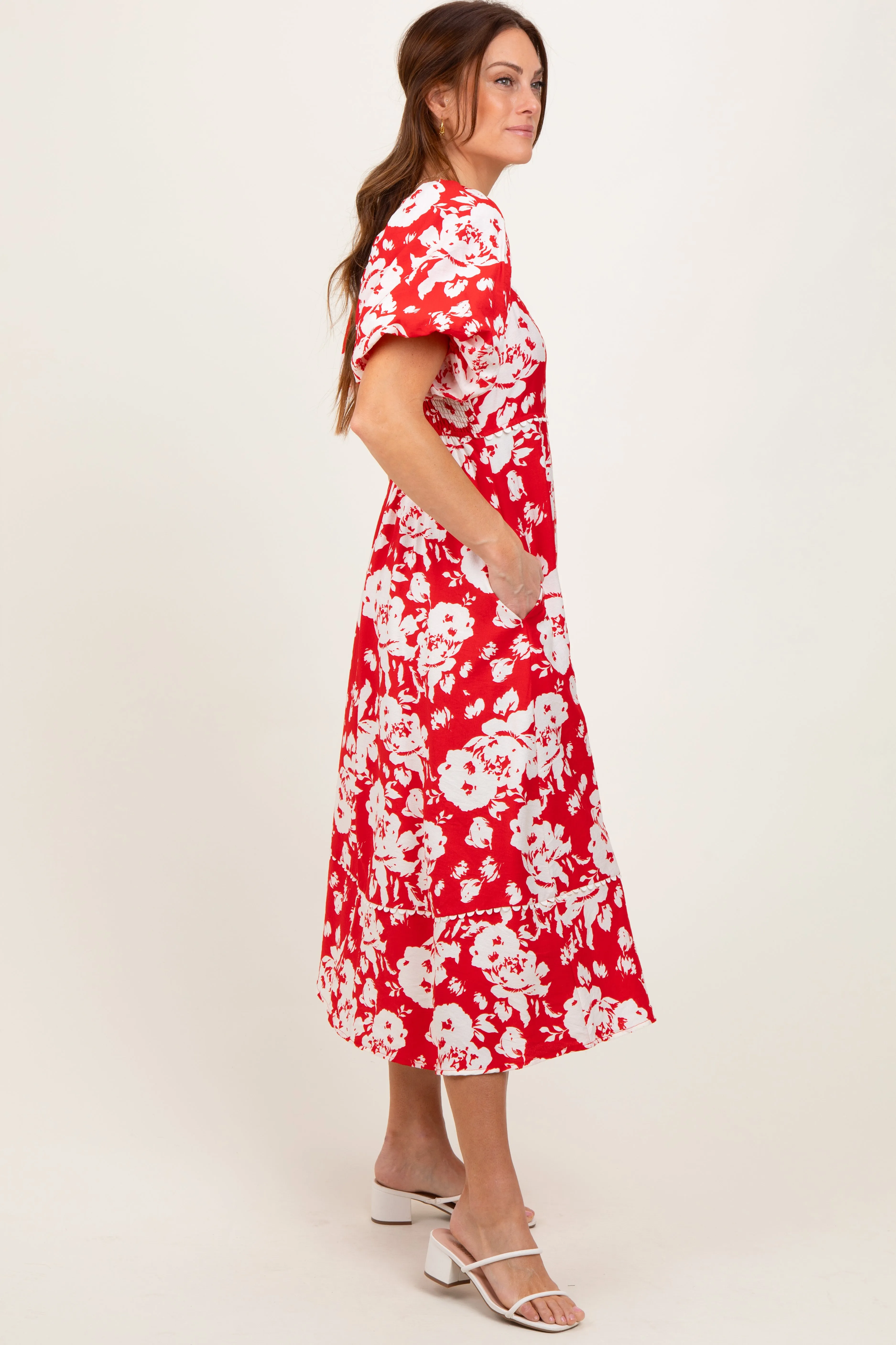Red Floral Scallop Trim Puff Sleeve Midi Dress sold by Pinkblush product image thumbnail 3