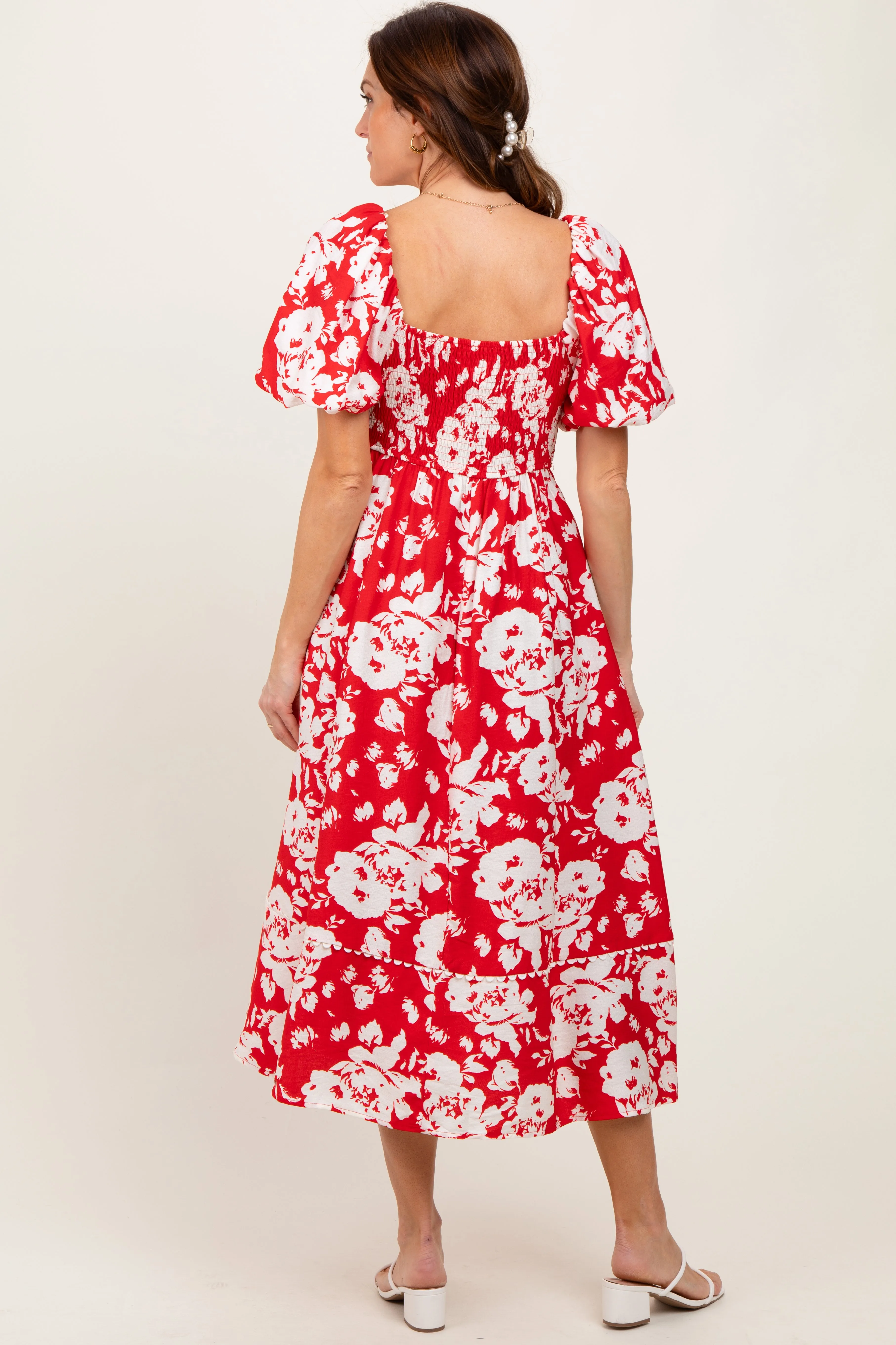 Red Floral Scallop Trim Puff Sleeve Midi Dress sold by Pinkblush product image thumbnail 4