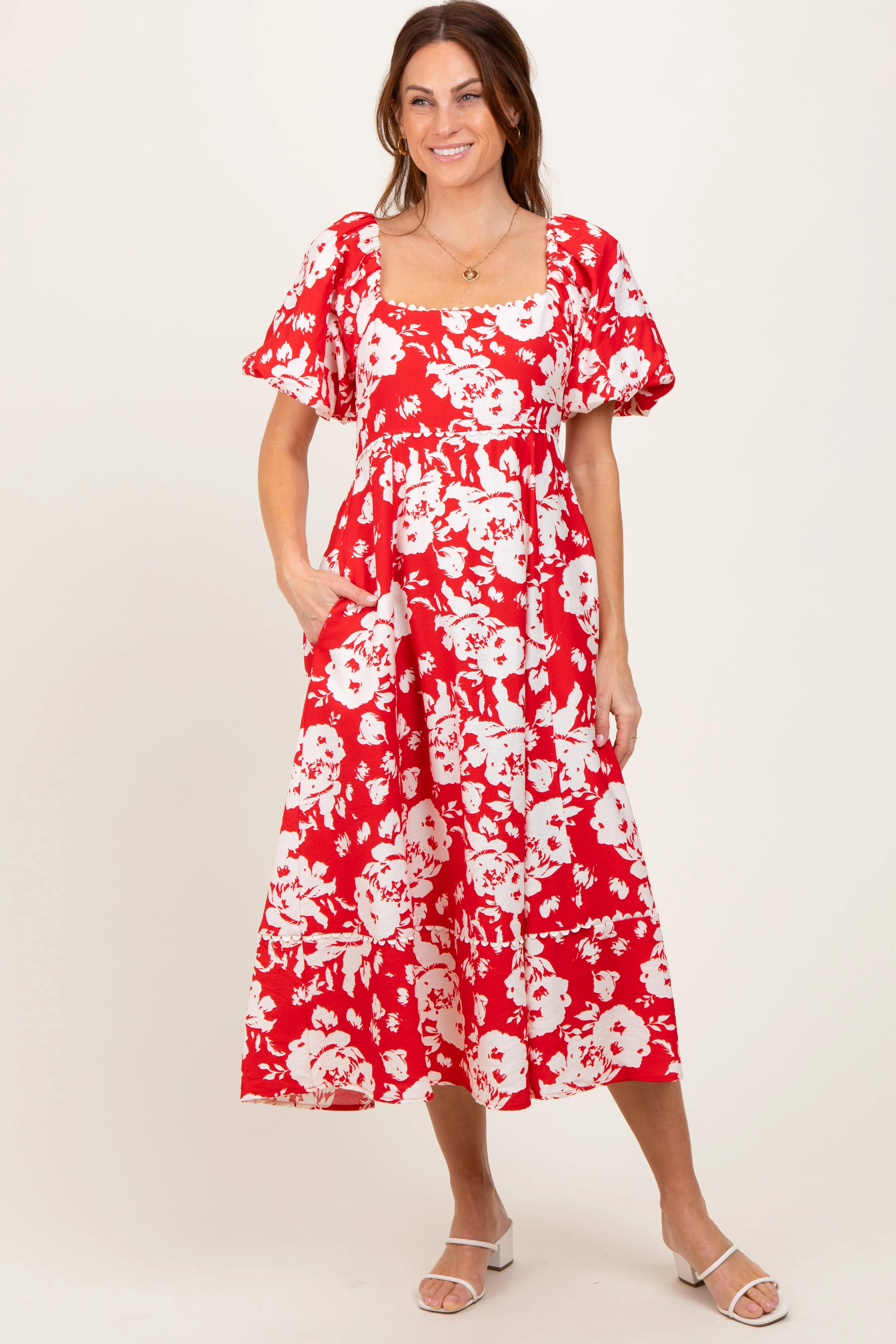Red Floral Scallop Trim Puff Sleeve Midi Dress sold by Pinkblush