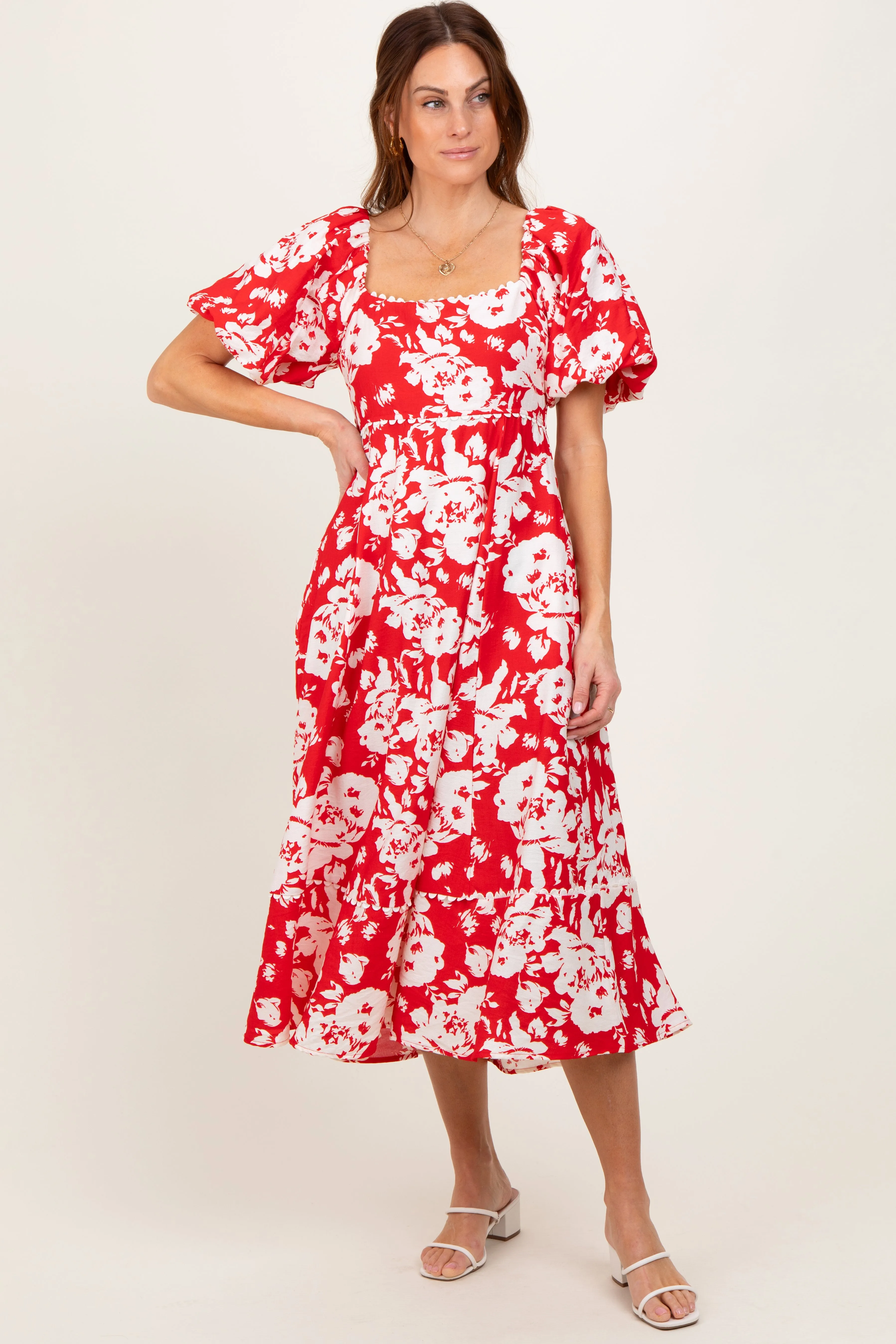 Red Floral Scallop Trim Puff Sleeve Midi Dress sold by Pinkblush product image thumbnail 2