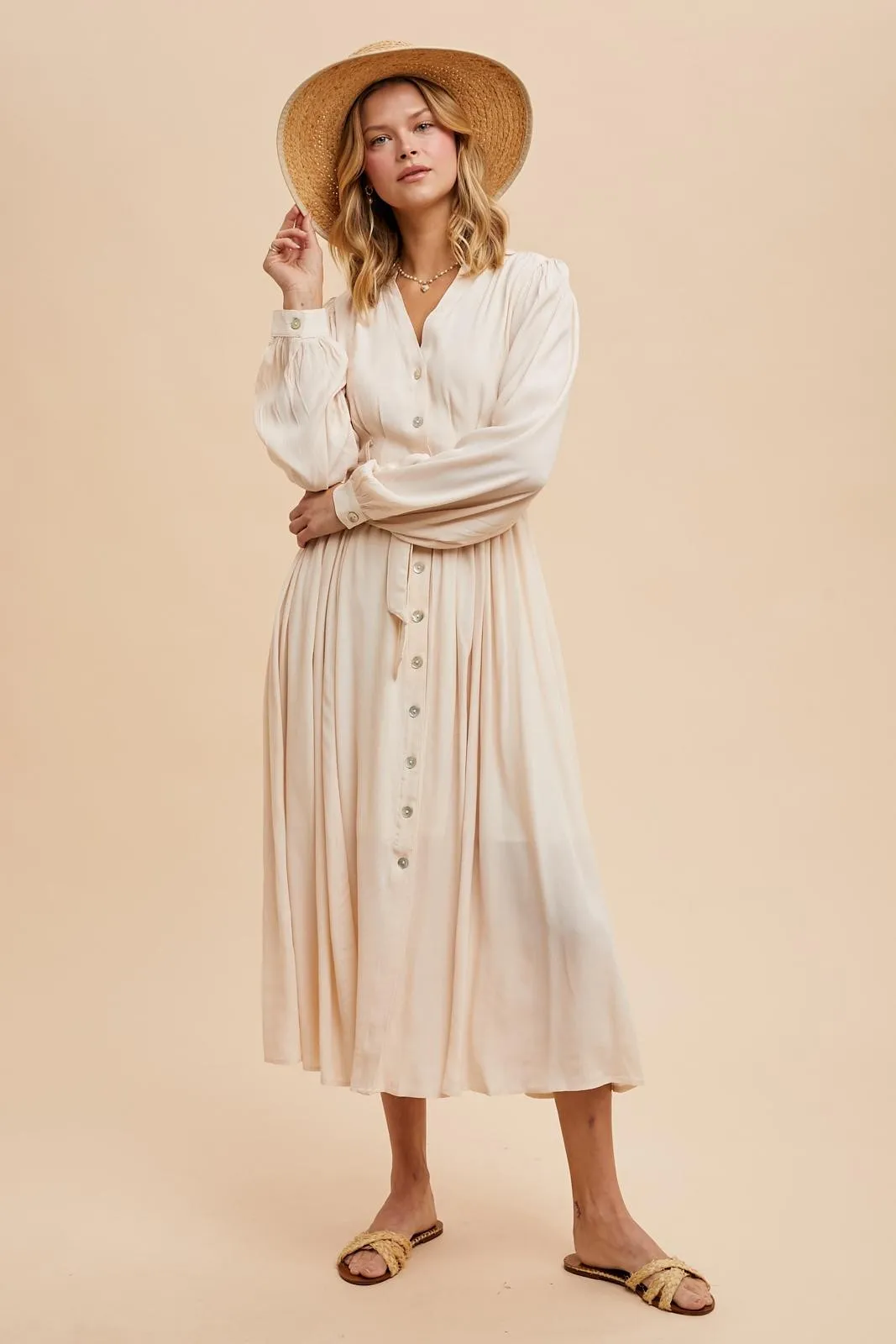 Beige Belted Long Sleeve Maxi Dress sold by Pinkblush product image thumbnail 2