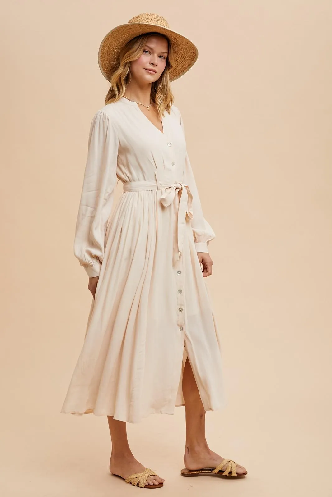 Beige Belted Long Sleeve Maxi Dress sold by Pinkblush product image thumbnail 3