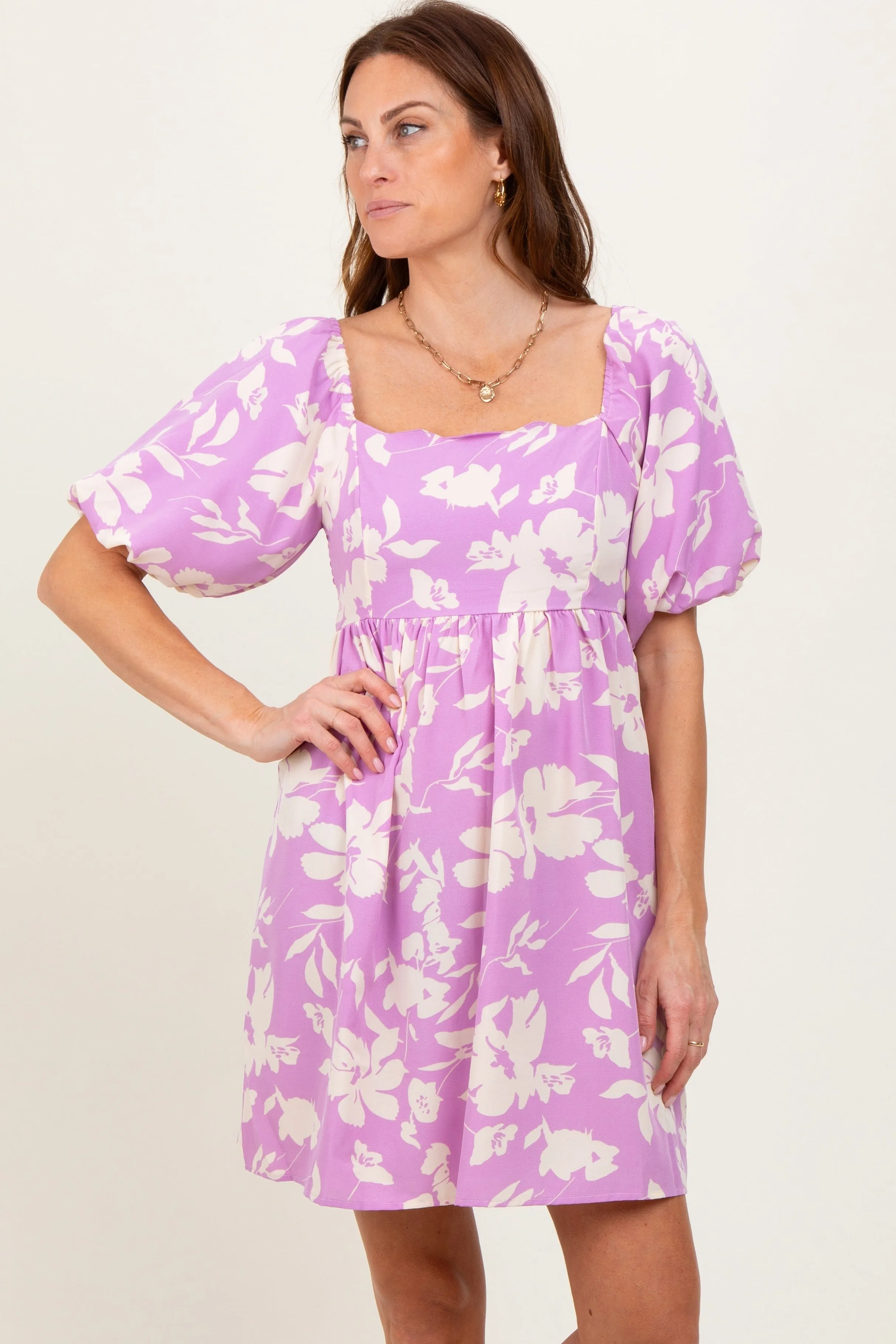 Lavender Floral Puff Sleeve Mini Dress sold by Pinkblush