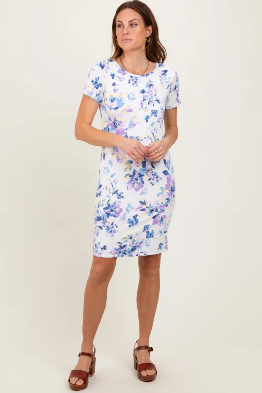 Ivory Floral Short Sleeve Ruched Dress sold by Pinkblush