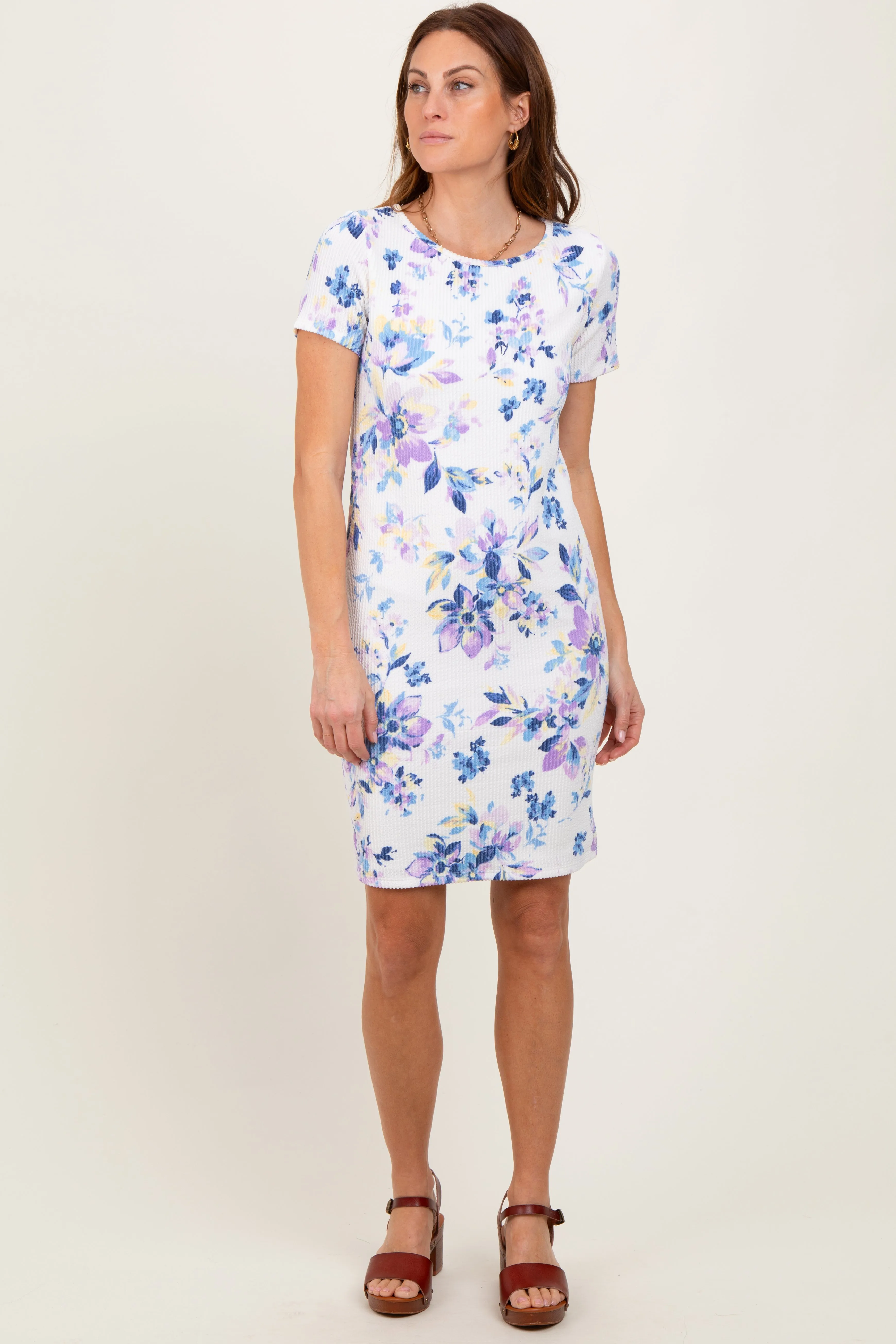 Ivory Floral Short Sleeve Ruched Dress sold by Pinkblush product image thumbnail 2