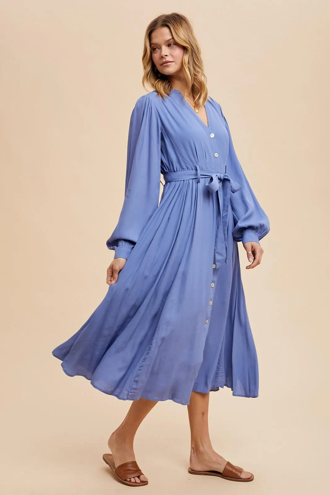 Blue Belted Long Sleeve Maxi Dress sold by Pinkblush
