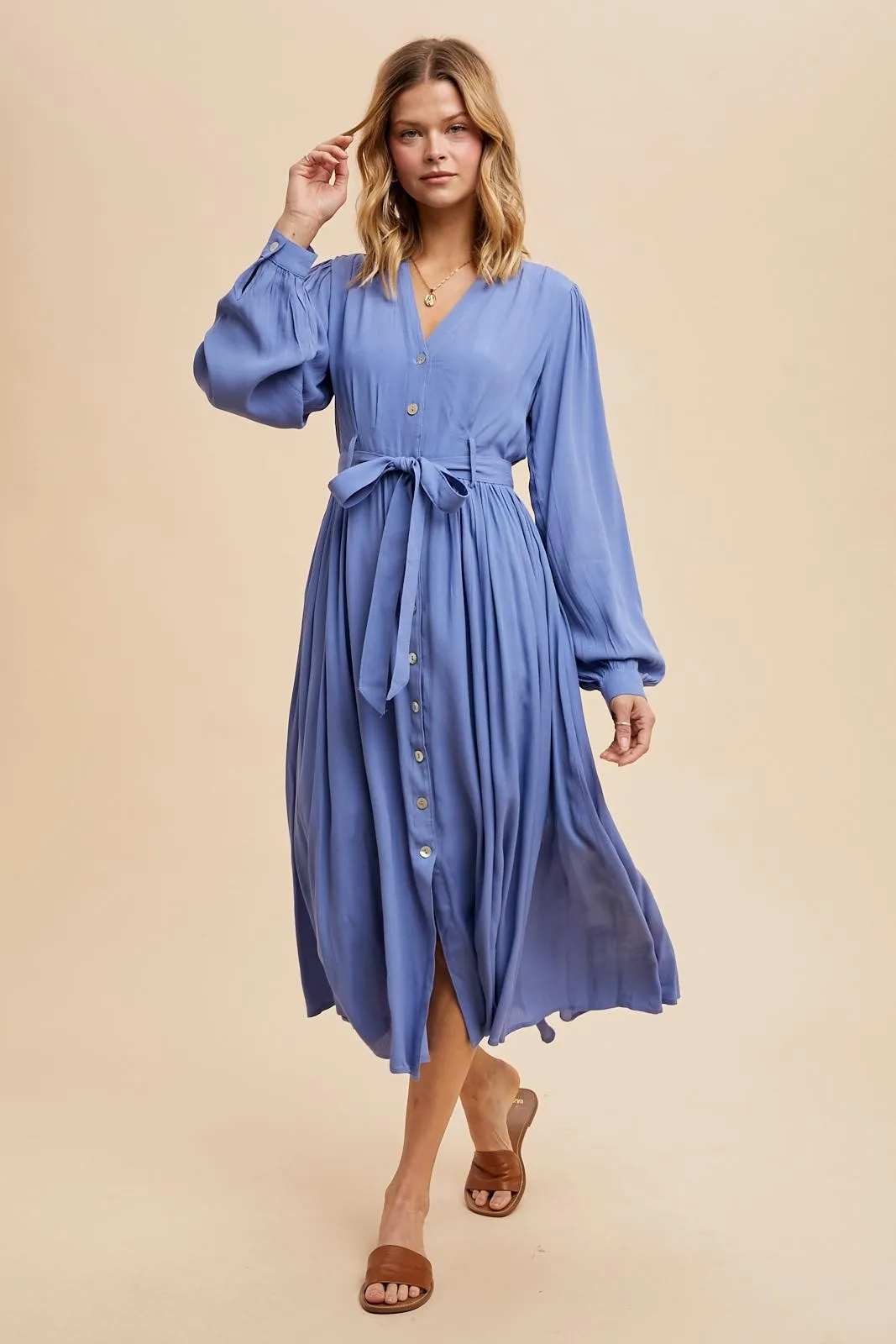 Blue Belted Long Sleeve Maxi Dress sold by Pinkblush product image thumbnail 2