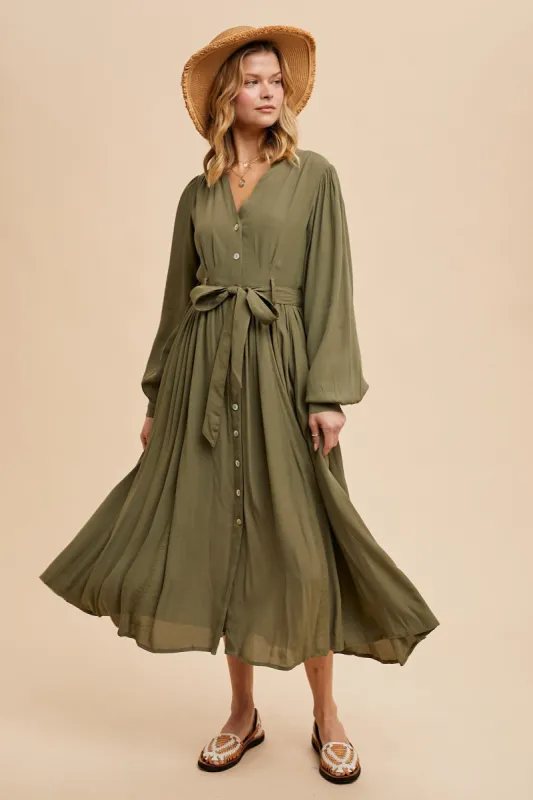 Olive Belted Long Sleeve Maxi Dress sold by Pinkblush