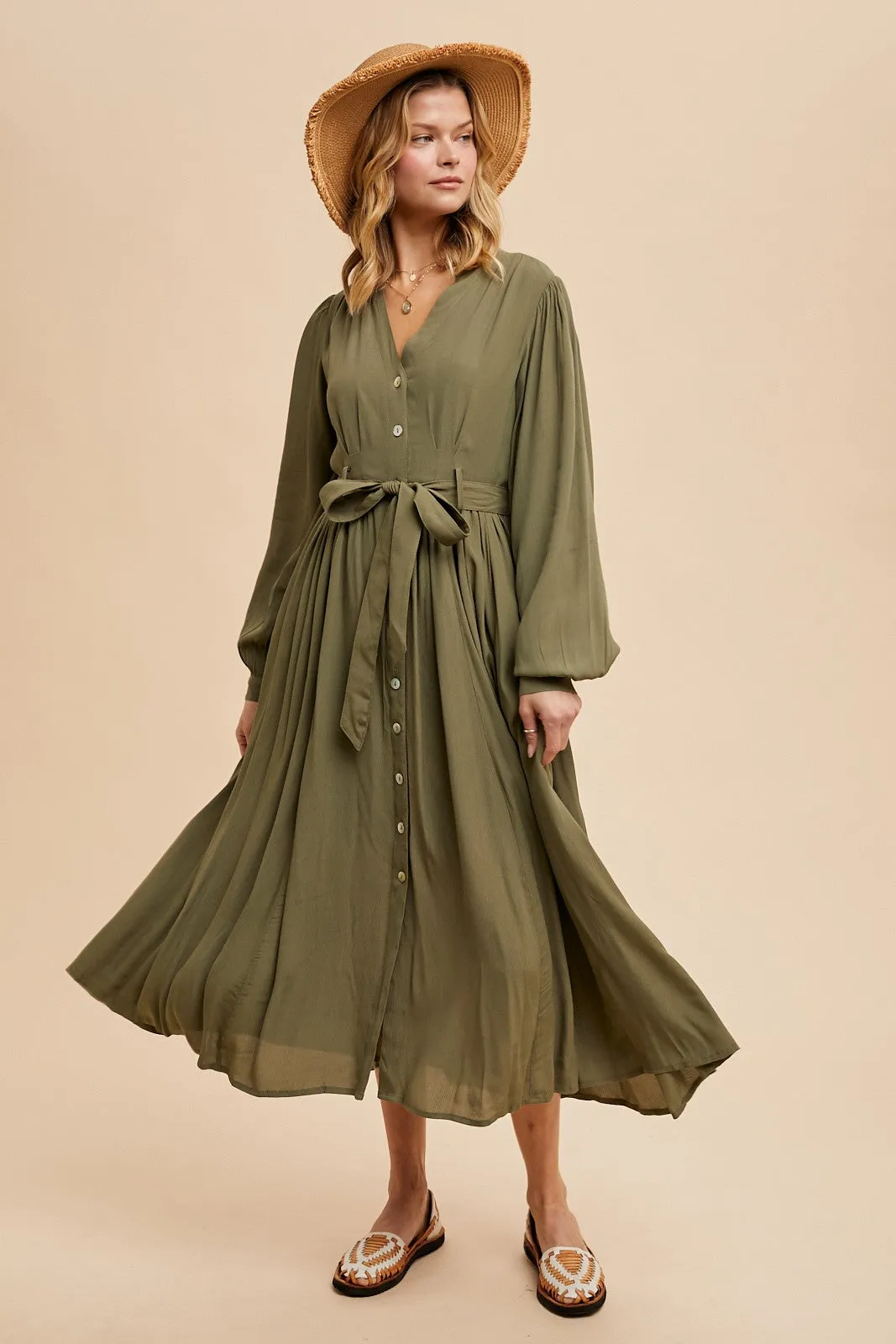 Olive Belted Long Sleeve Maxi Dress sold by Pinkblush