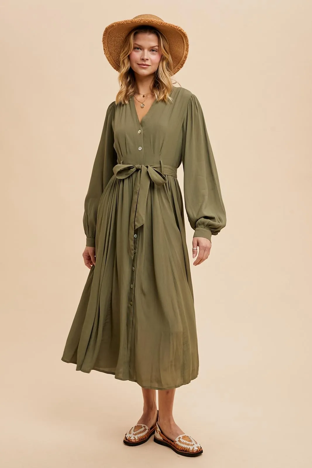 Olive Belted Long Sleeve Maxi Dress sold by Pinkblush product image thumbnail 2